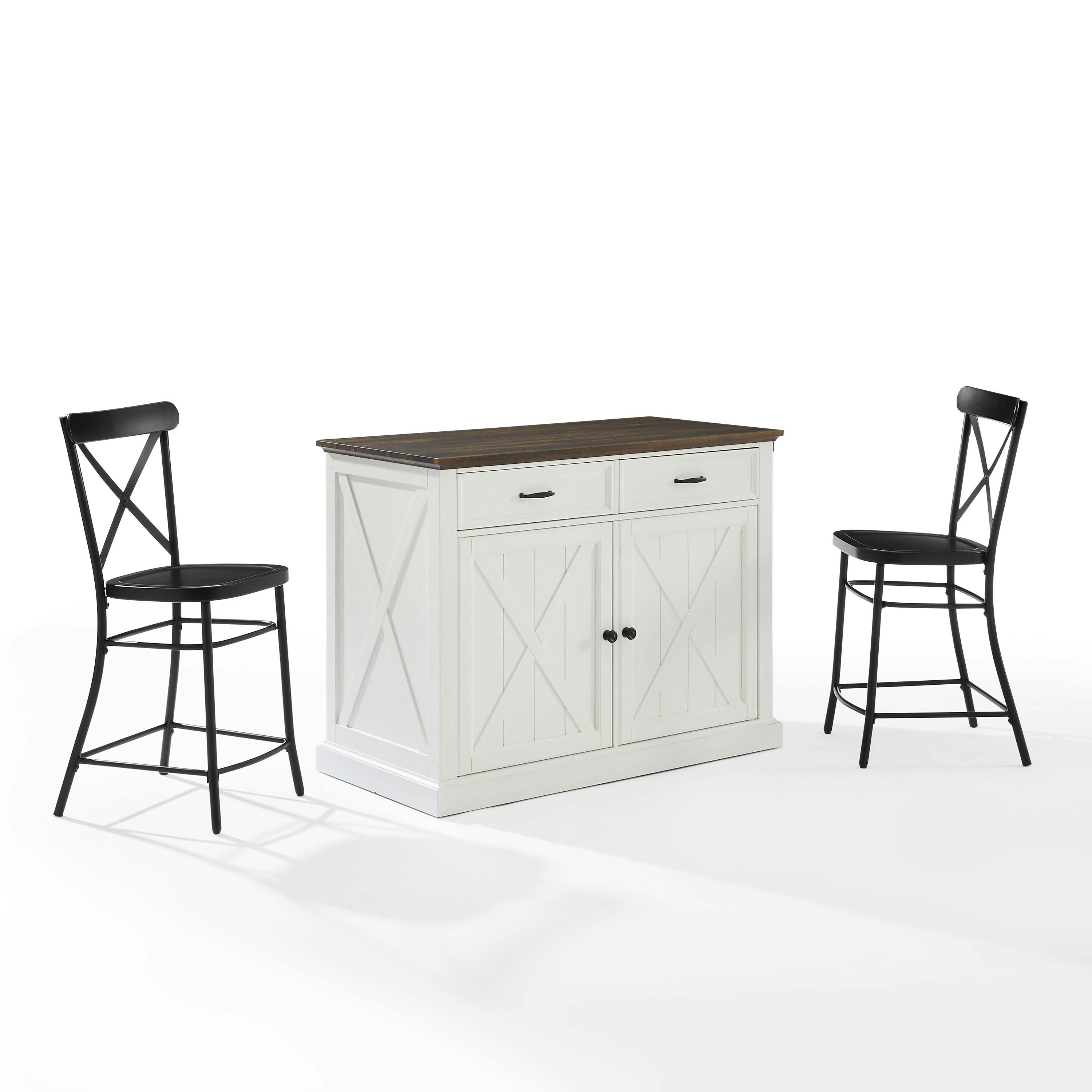 Clifton Distressed White and Black Modern Farmhouse Kitchen Island with Stools