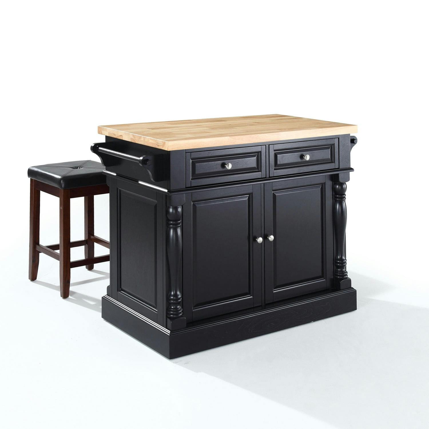 Oxford Black Butcher Block Kitchen Island with Cushioned Stools