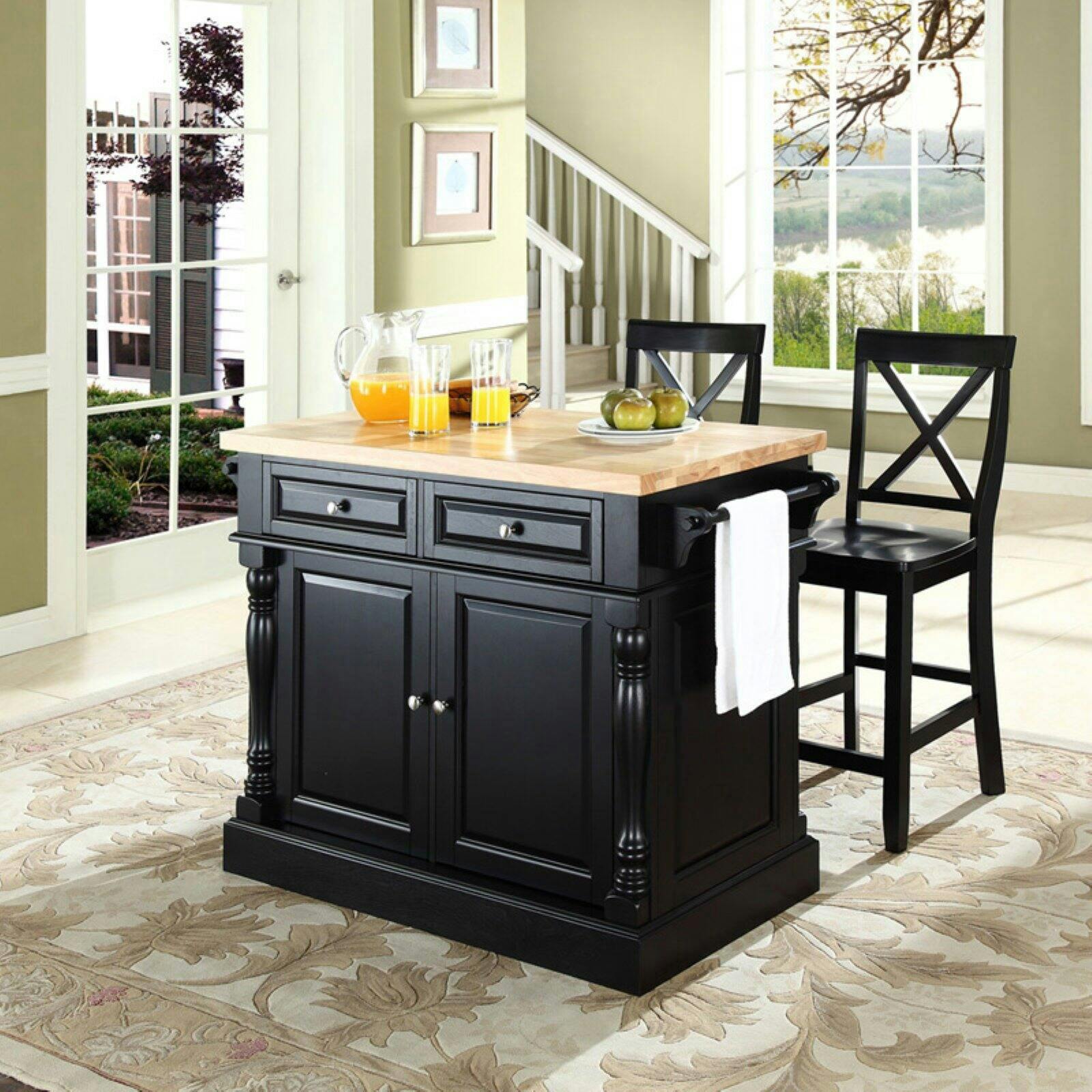 Oxford 50'' Black Solid Wood Kitchen Island Set with X-Back Stools