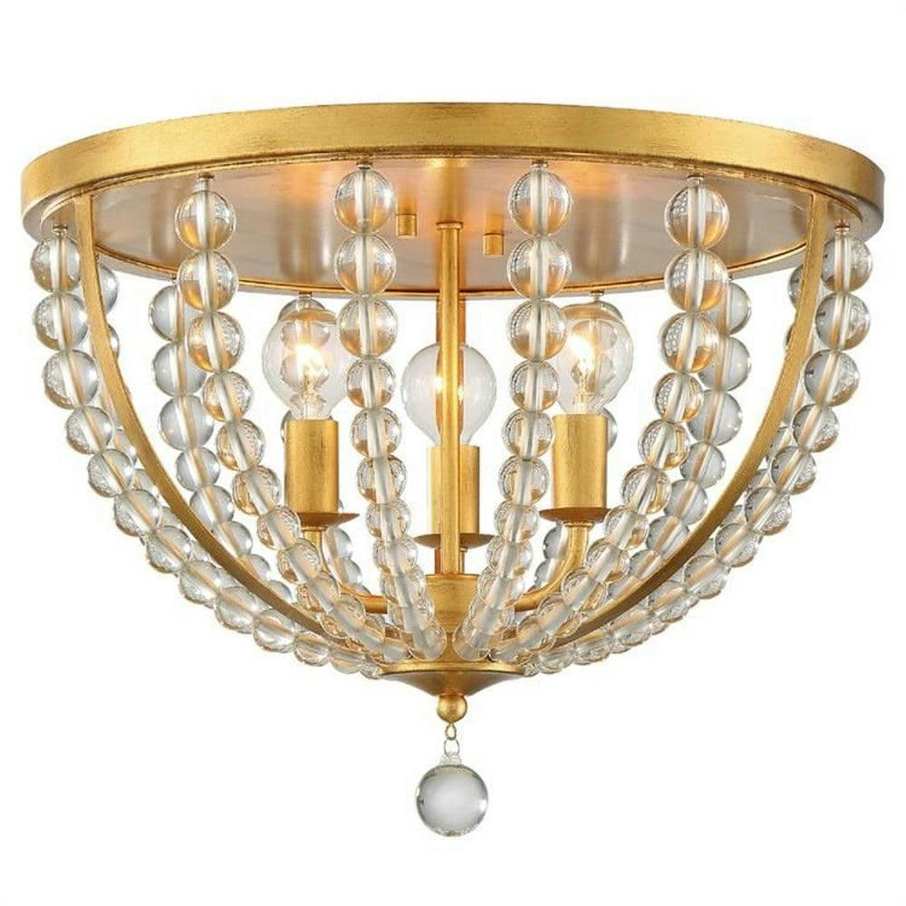 Elegant Antique Gold 3-Light Flush Mount with Clear Glass Beads