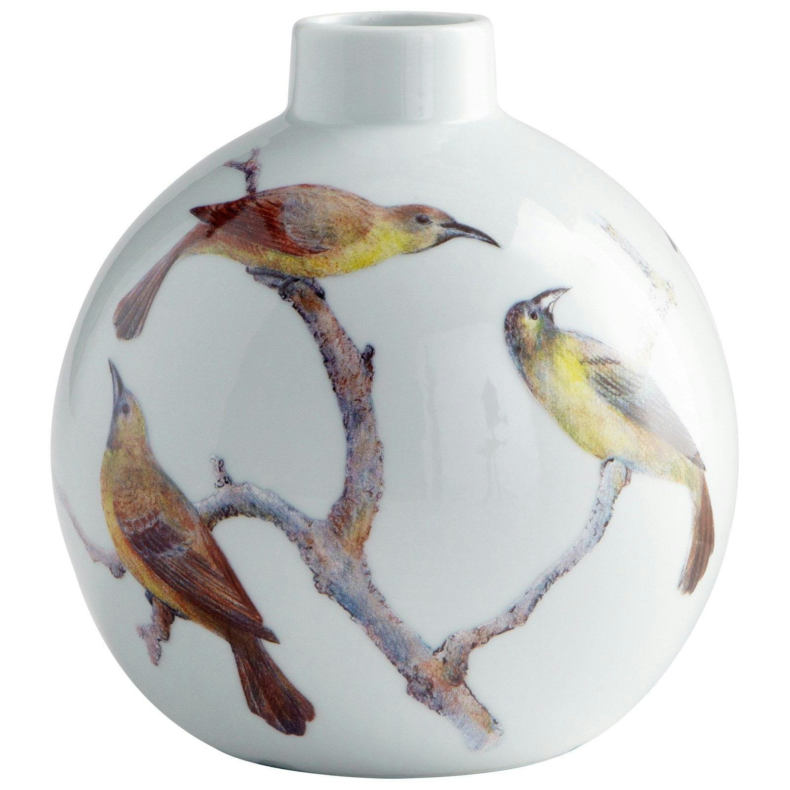 Contemporary White Ceramic Bud Vase with Bird Motif, 7" Height