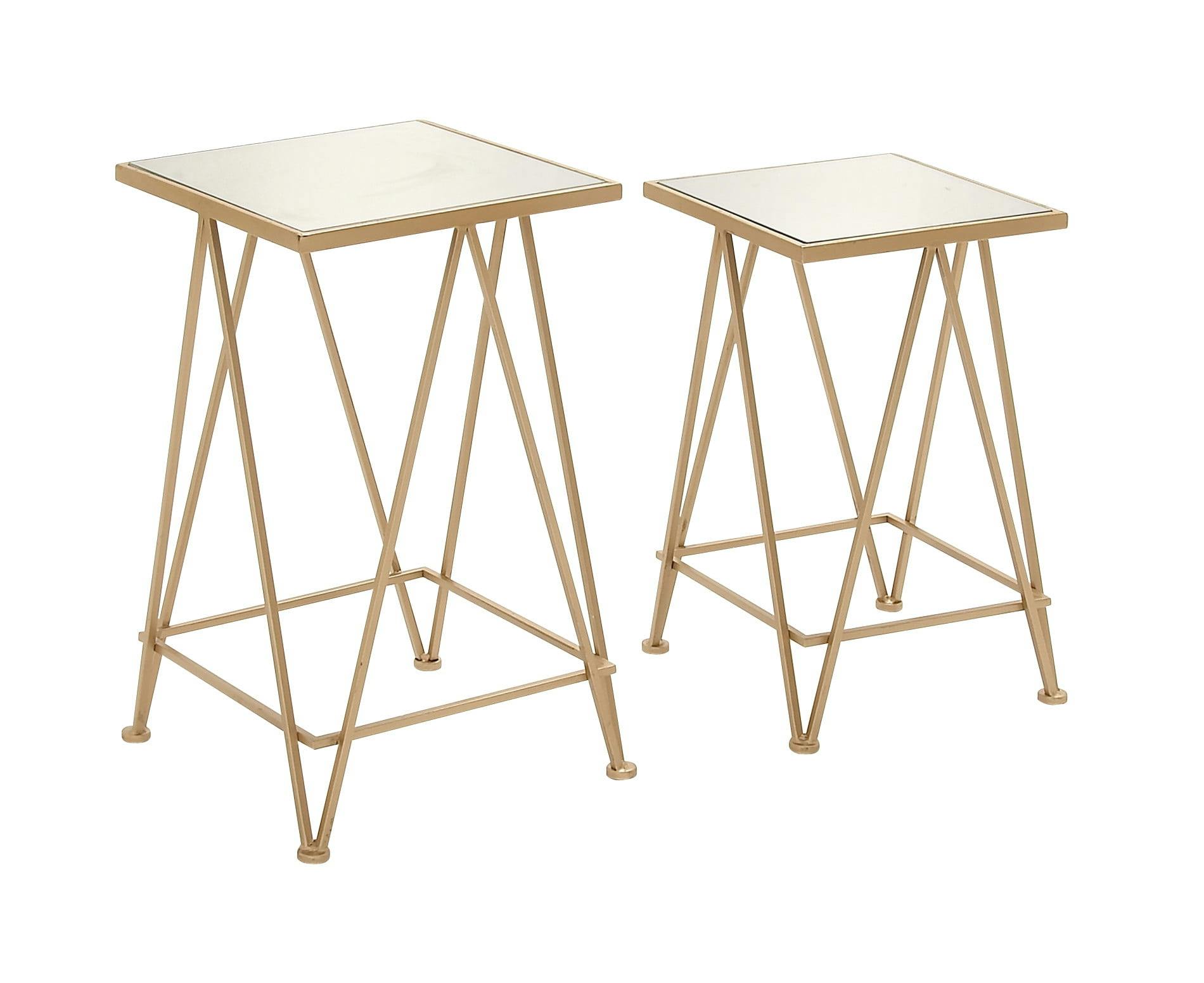 Sleek Gold Metal and Mirrored Glass Square Accent Table Set
