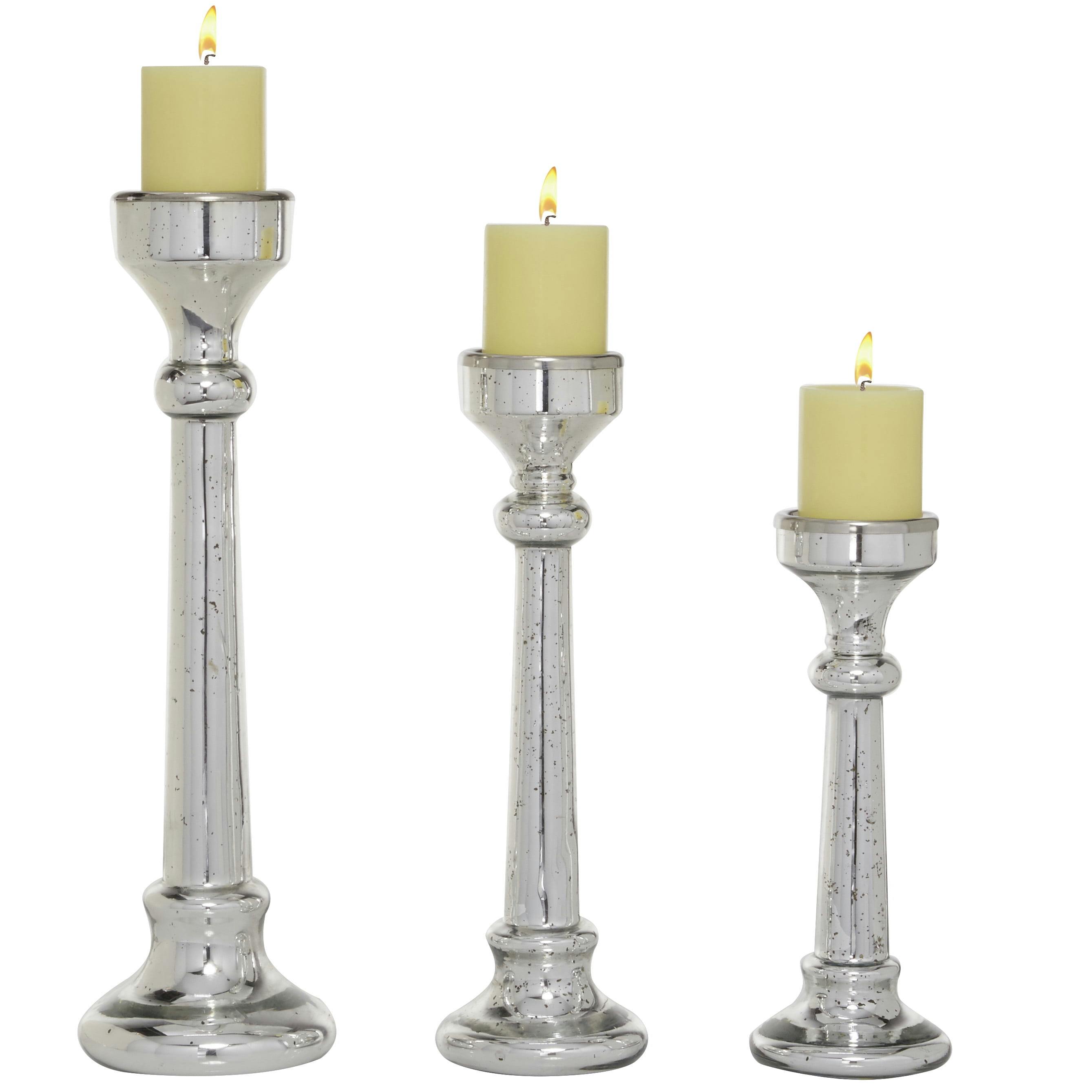 Elegant Silver Glass Tapered Candlestick Trio, 12"-19"H