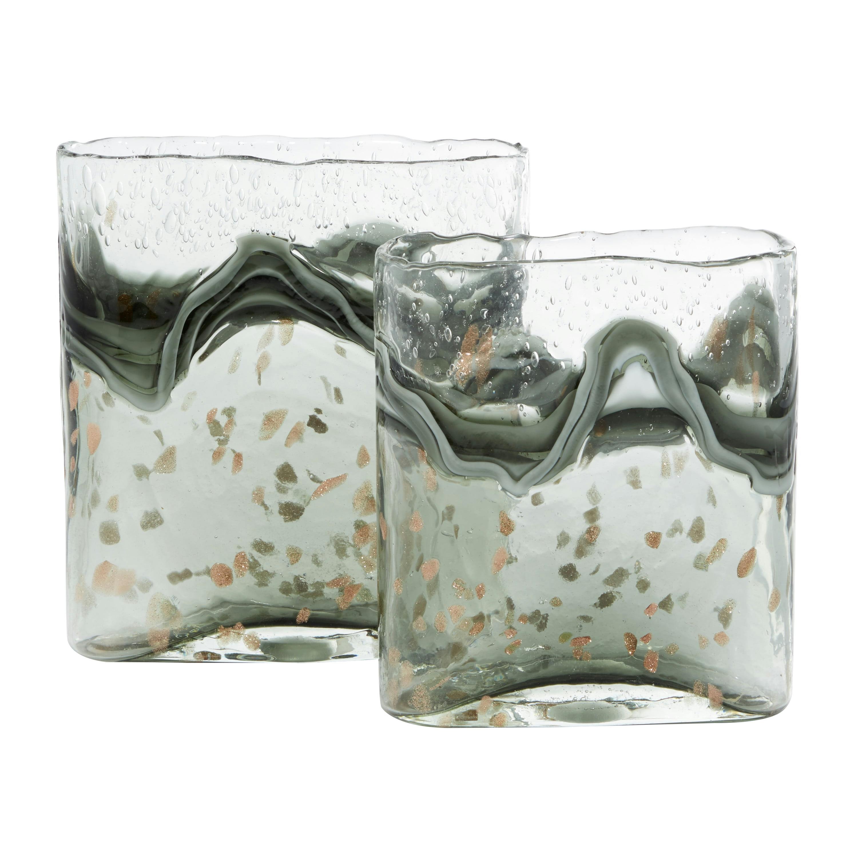 Elegant Gray Glass Vase Duo with Speckled Wave Design