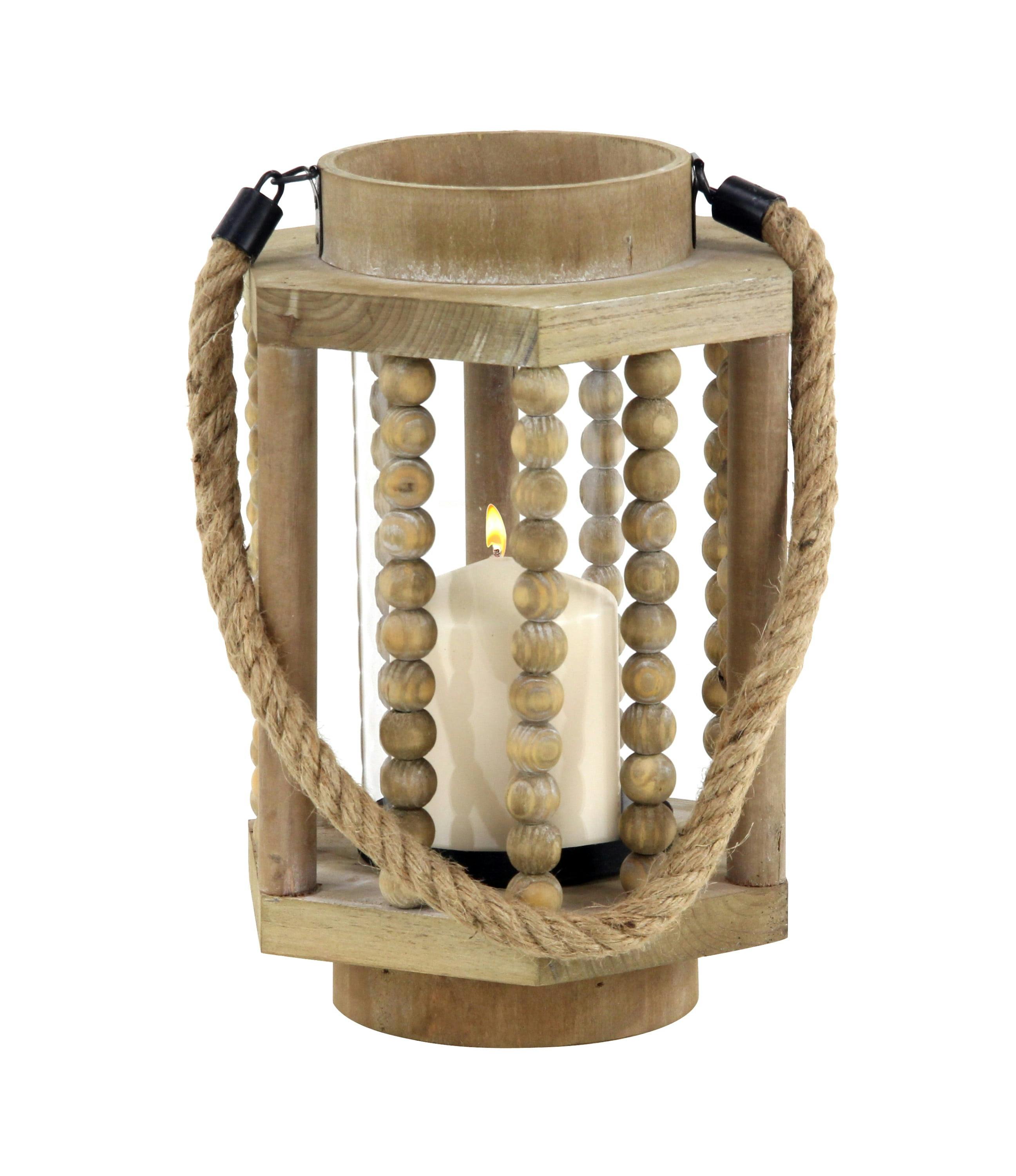 Beige Beaded Wood Hurricane Candle Lantern with Rope Handle - 11" x 8"