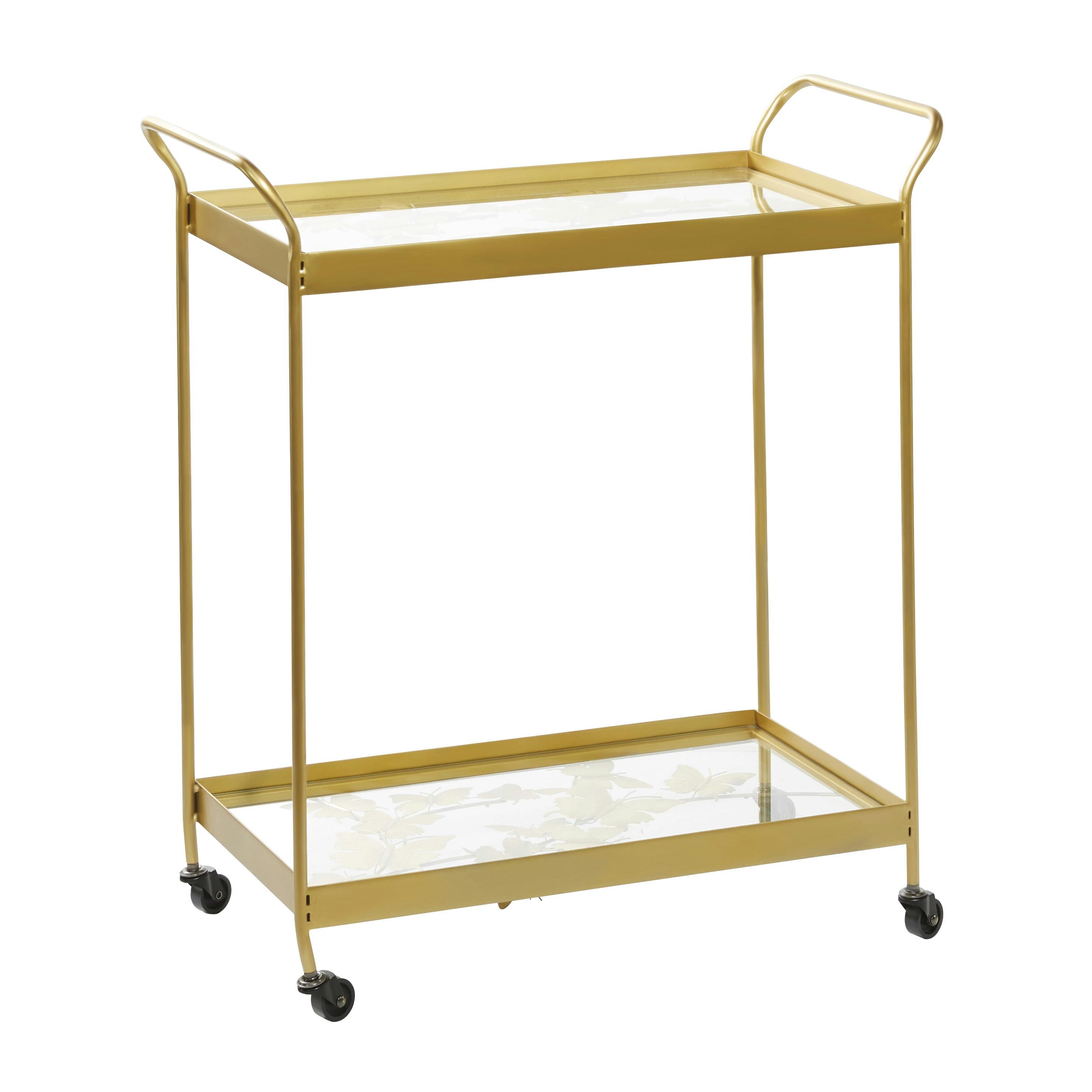 Sleek Gold Contemporary Rectangular Bar Cart with Glass Shelves