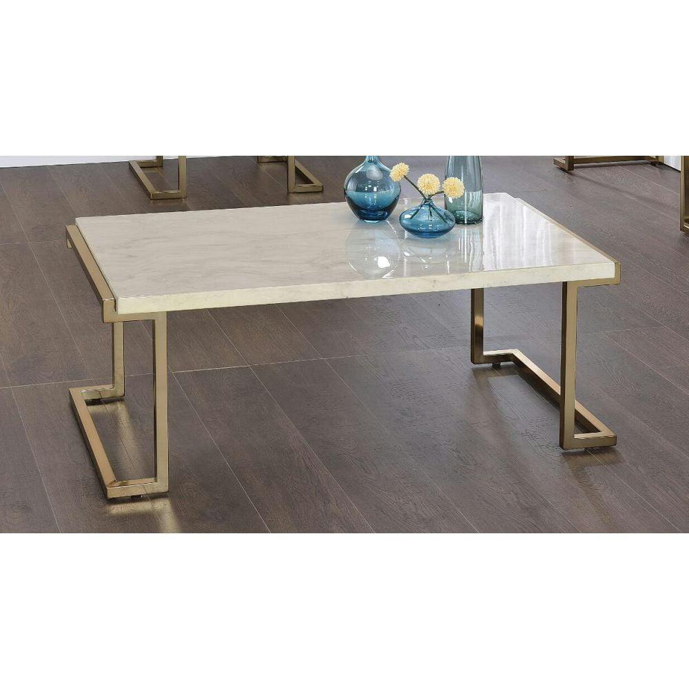 Contemporary Rectangular Lift-Top Coffee Table in Beige Faux Marble & Champagne