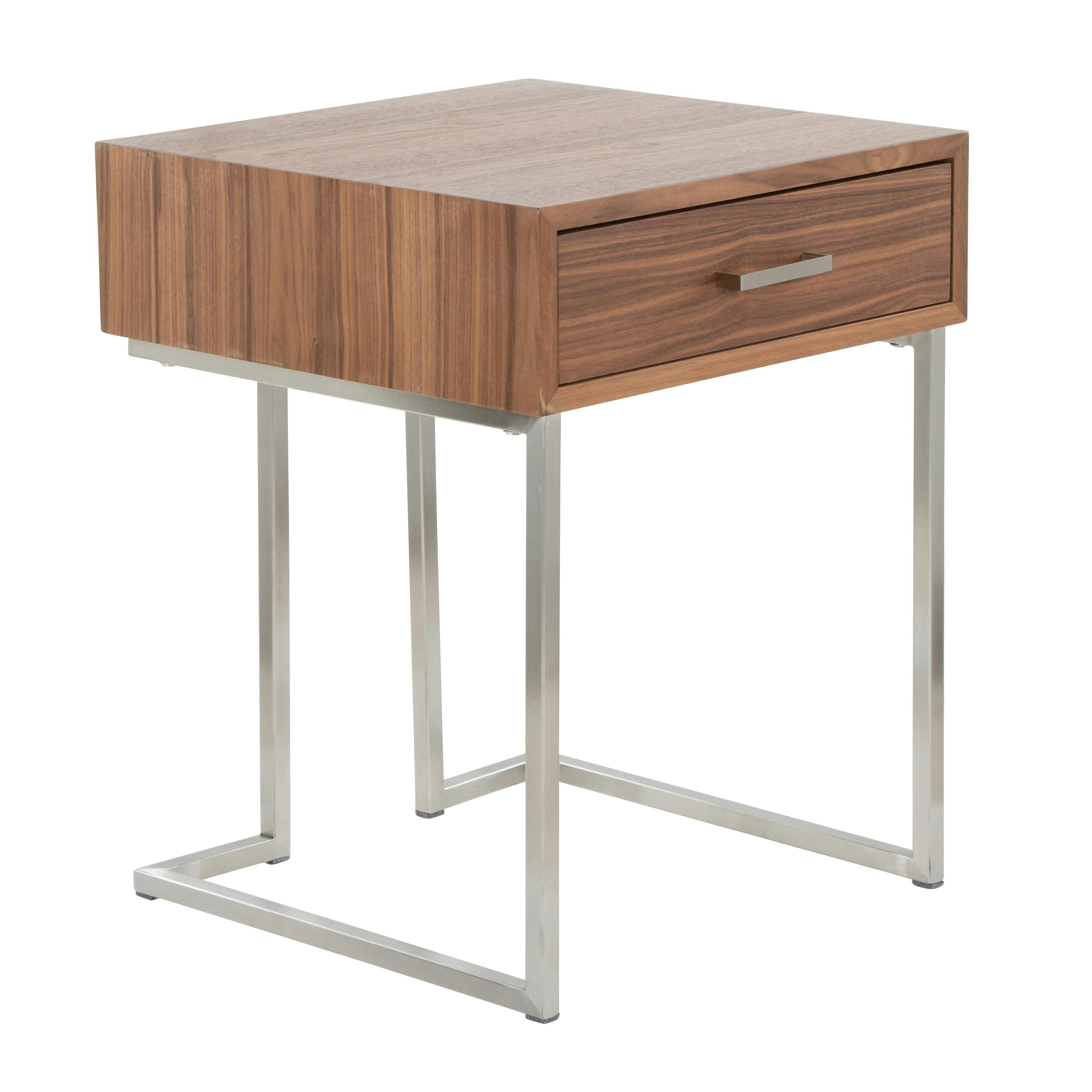Modern Walnut Wood & Stainless Steel Square End Table with Drawer