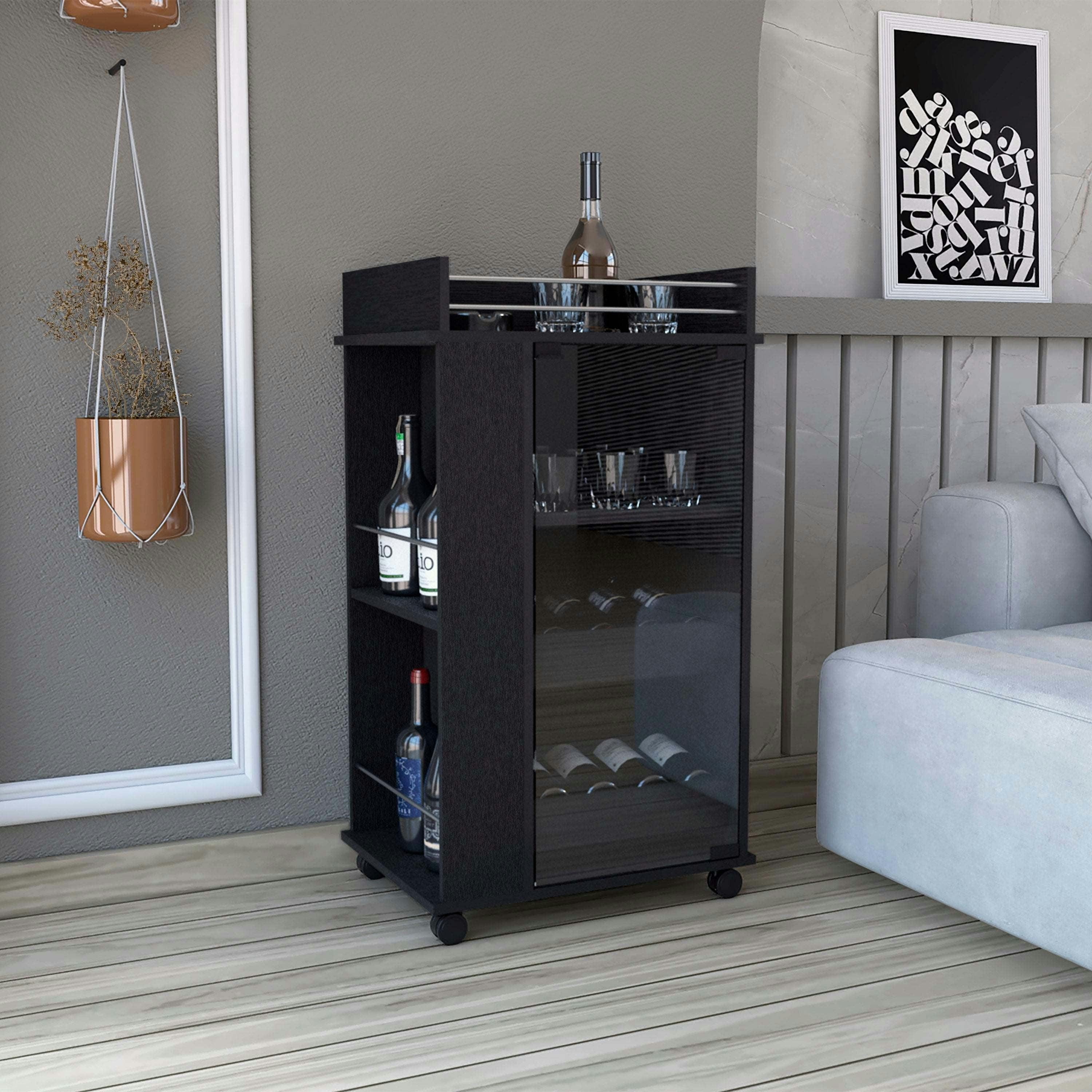 Elegant Lansing Black Engineered Wood Bar Cart with Glass Door and Casters