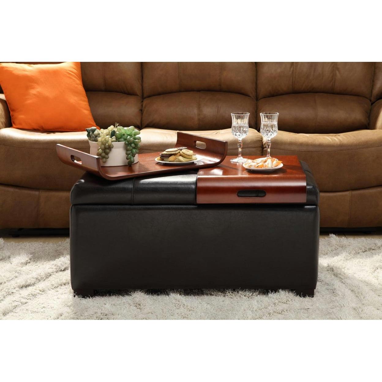 Espresso Faux Leather Tufted Storage Ottoman with Reversible Tray