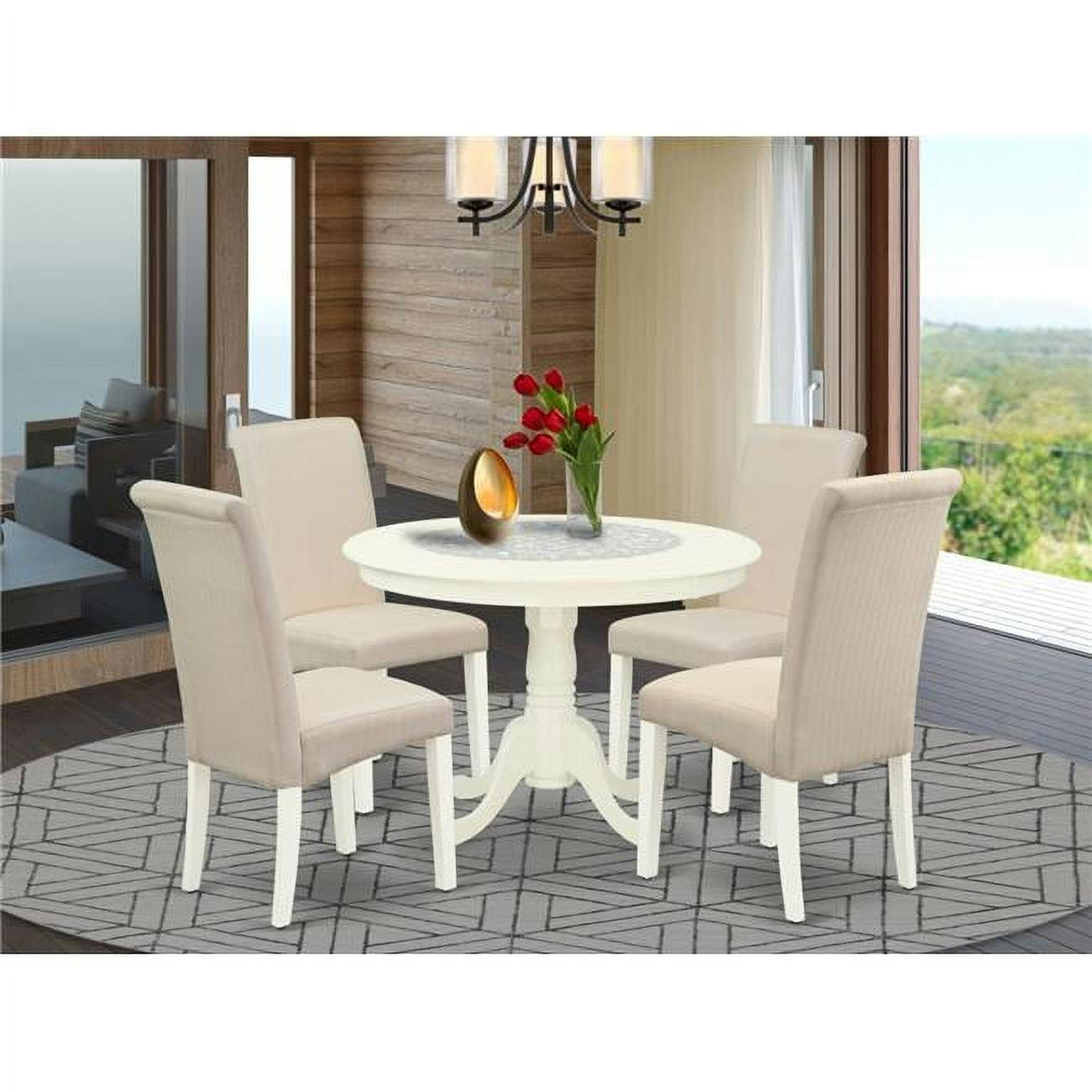 Linen White Round Table & Cream Parson Chairs 5-Piece Dining Set