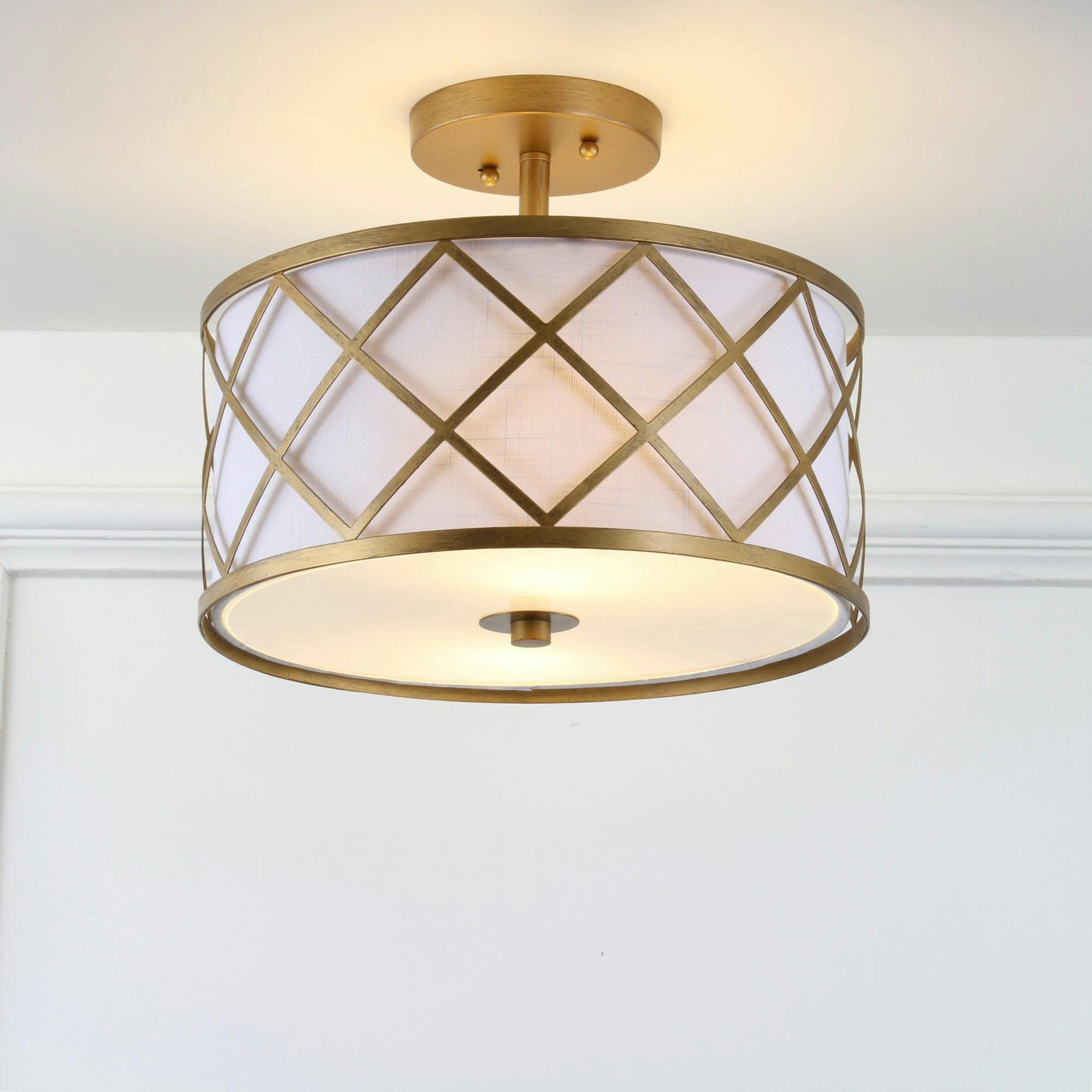 Transitional Elegance 13.25" Gold Metal LED Flush Mount with White Linen Shade