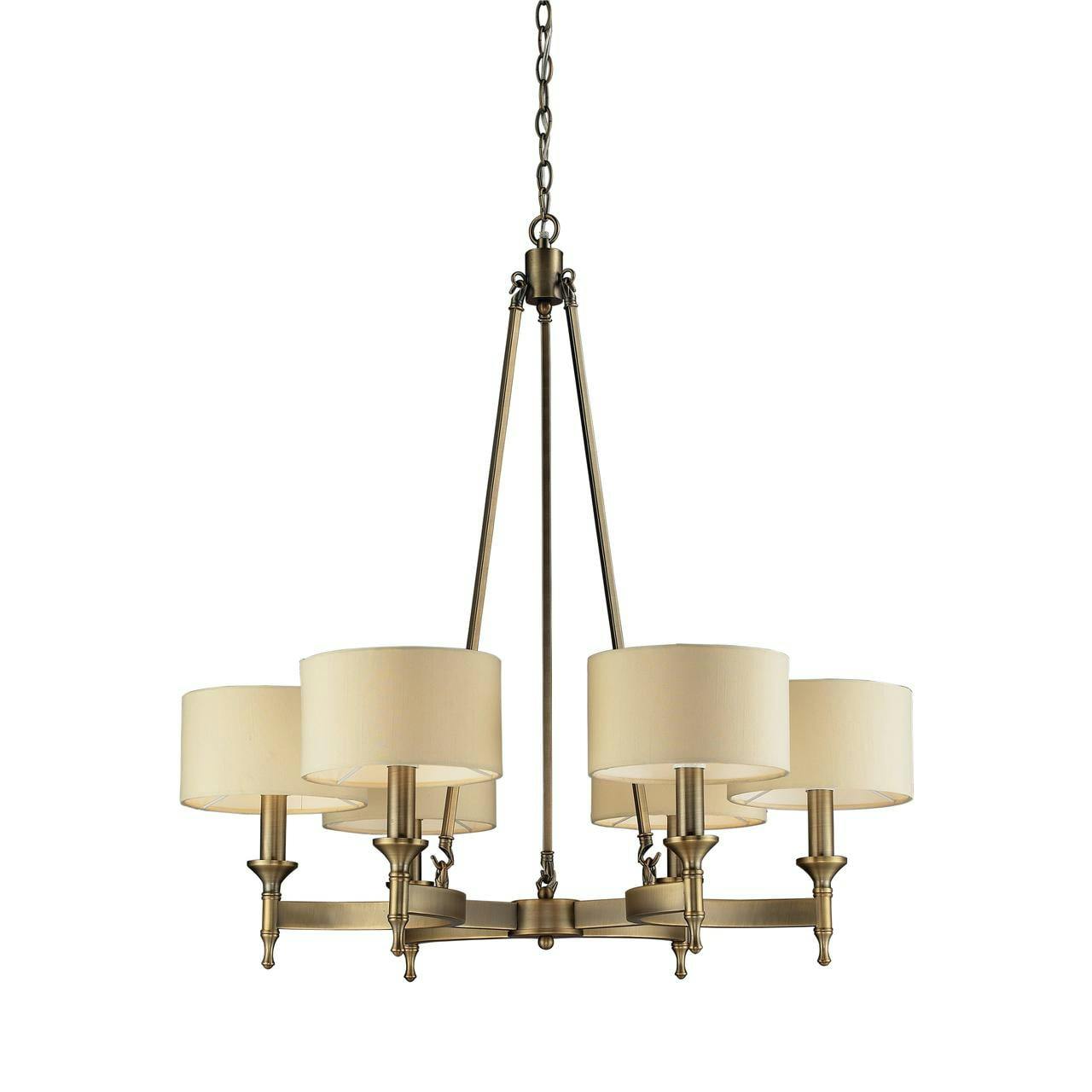 Antique Brass Concave Arm 6-Light Chandelier with Light Tan Drum Shades