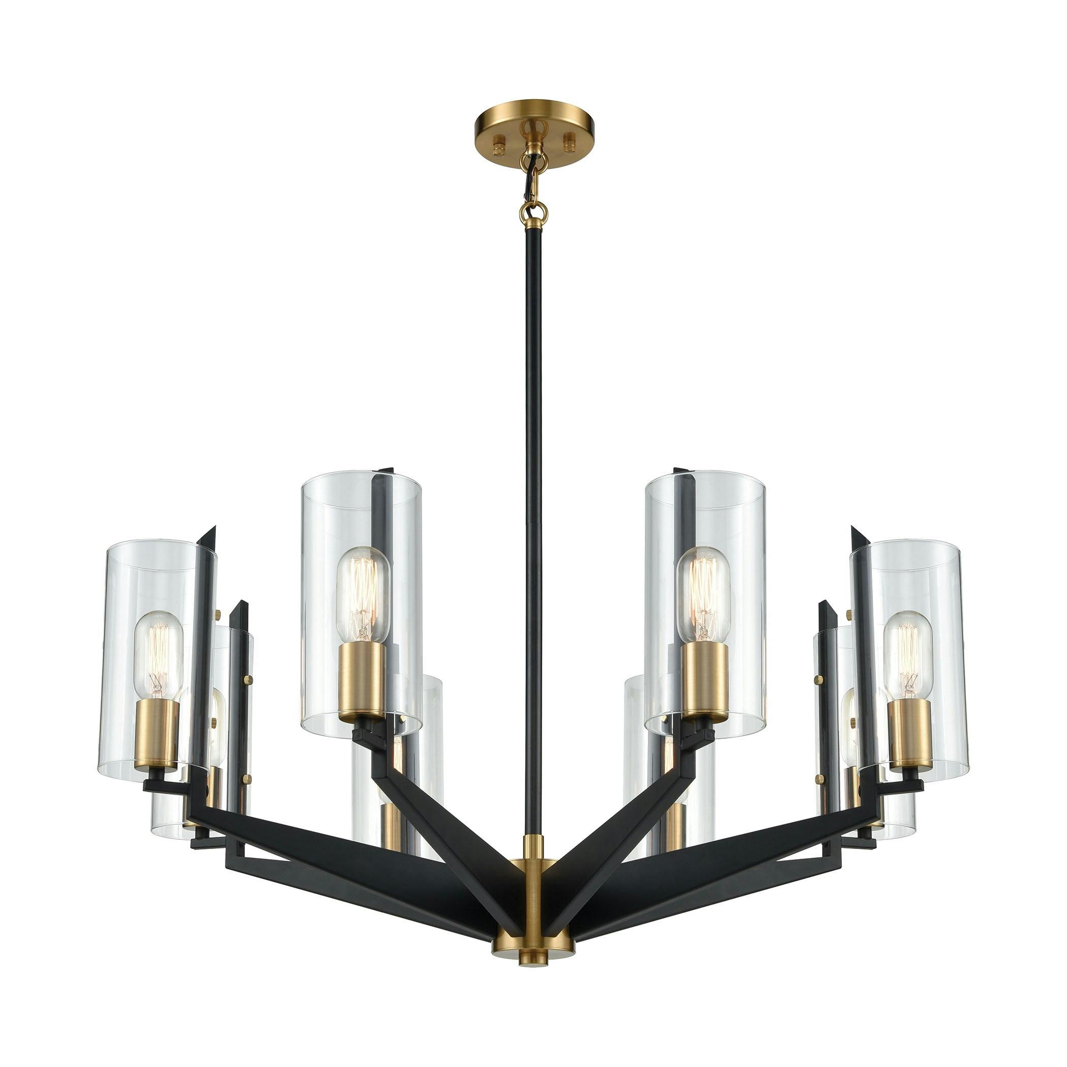 Elegant 8-Light Matte Black and Satin Brass Chandelier with Clear Glass
