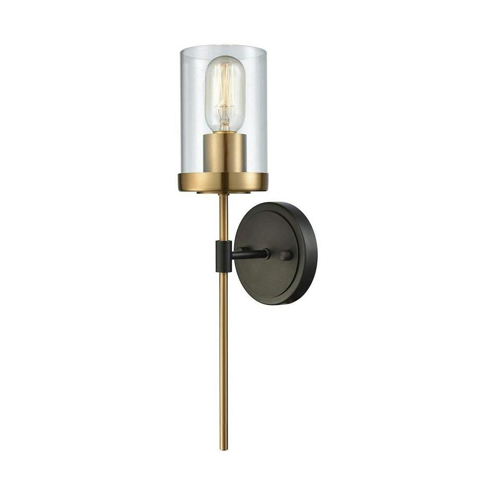 Elegantly Modern Oil-Rubbed Bronze and Satin Brass Wall Sconce with Clear Glass Shade