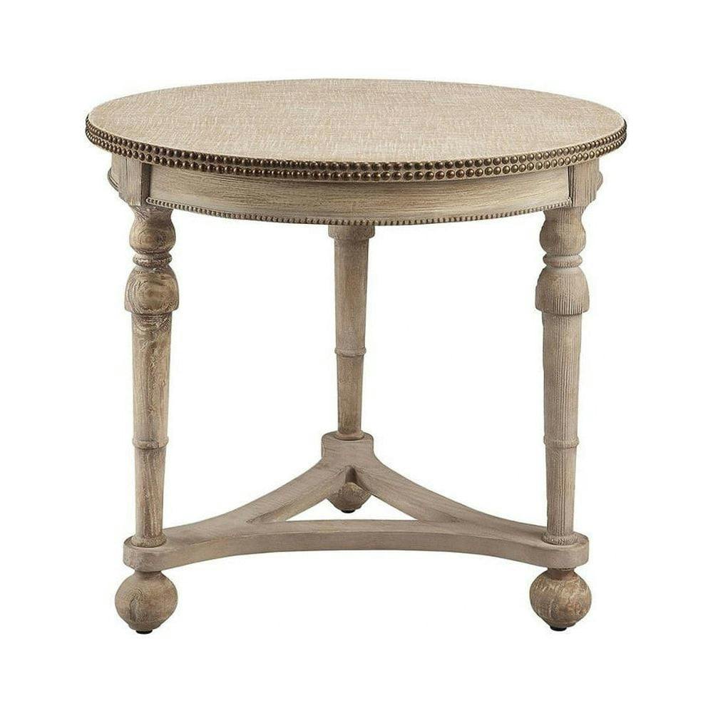 Antique Cream Round Wood & Metal Accent Table with Linen Top