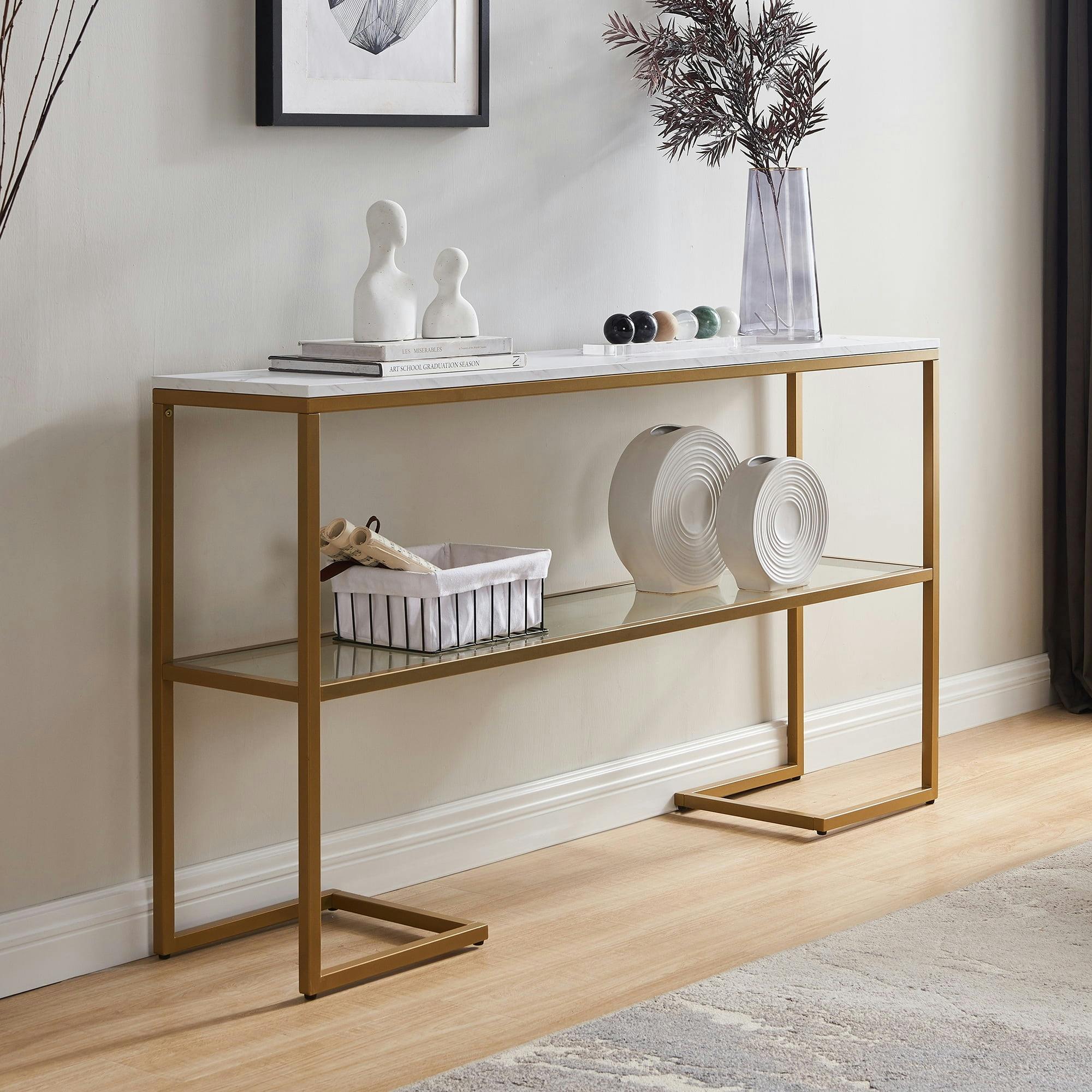 Errol 55" Gold Rectangular Console Table with Faux Marble and Glass Shelf