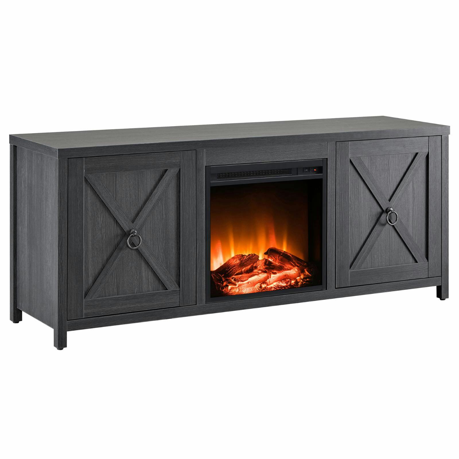 Granger Transitional 70" Metal TV Stand with Cabinet & Fireplace in Charcoal Gray