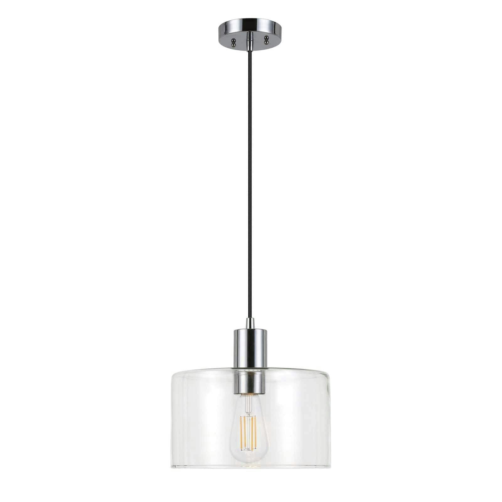 Contemporary Polished Nickel Drum Pendant with Hand-Blown Glass Shade