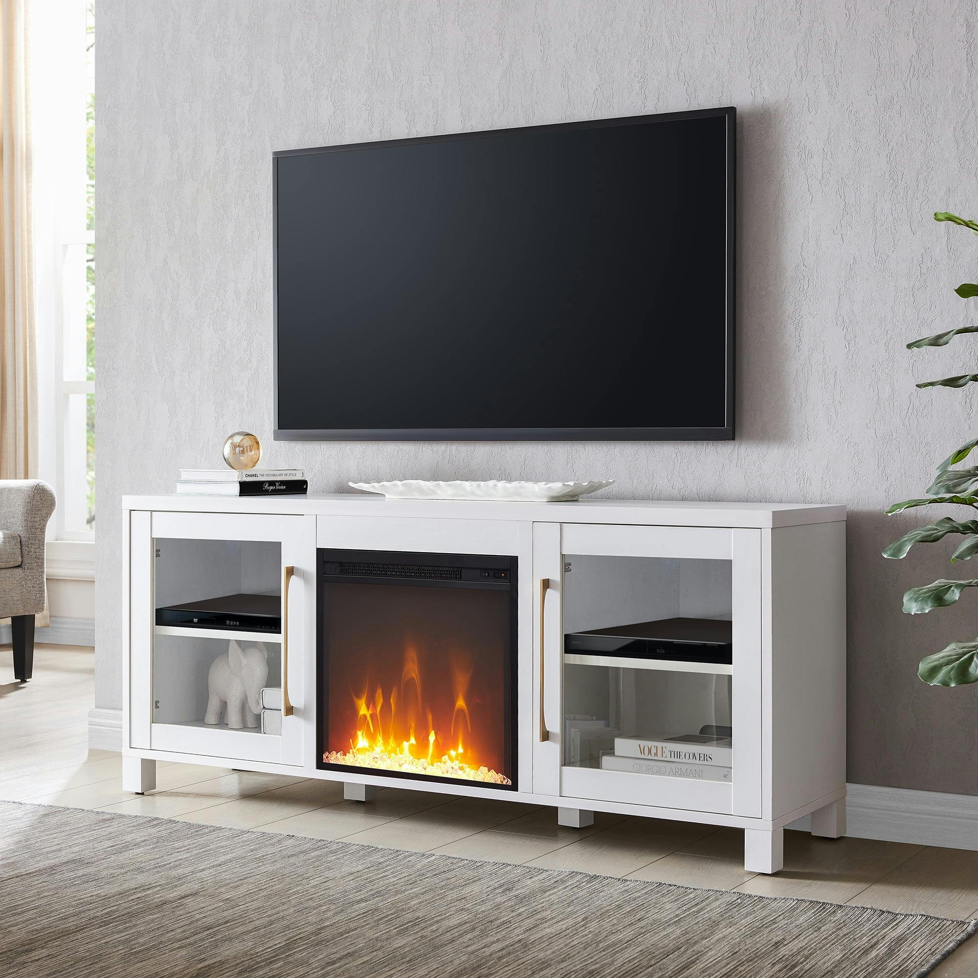 Quincy 58" Classic White TV Stand with Crystal Electric Fireplace and Storage