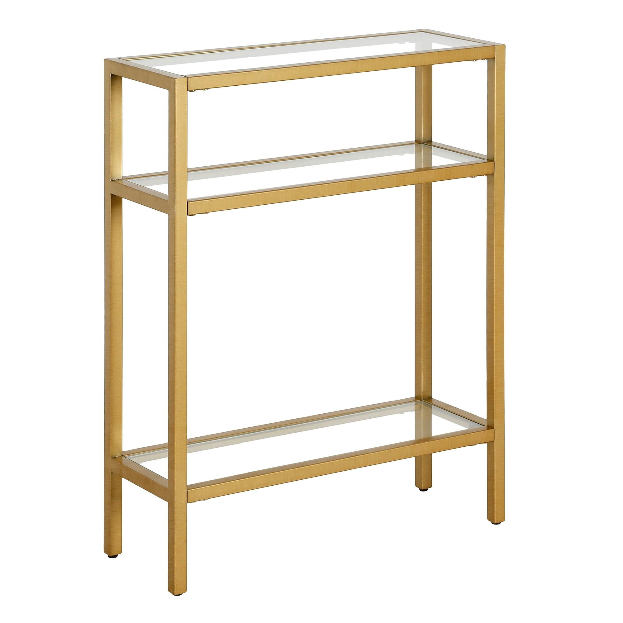 Compact Modern Industrial Brass & Glass Console Table with Storage