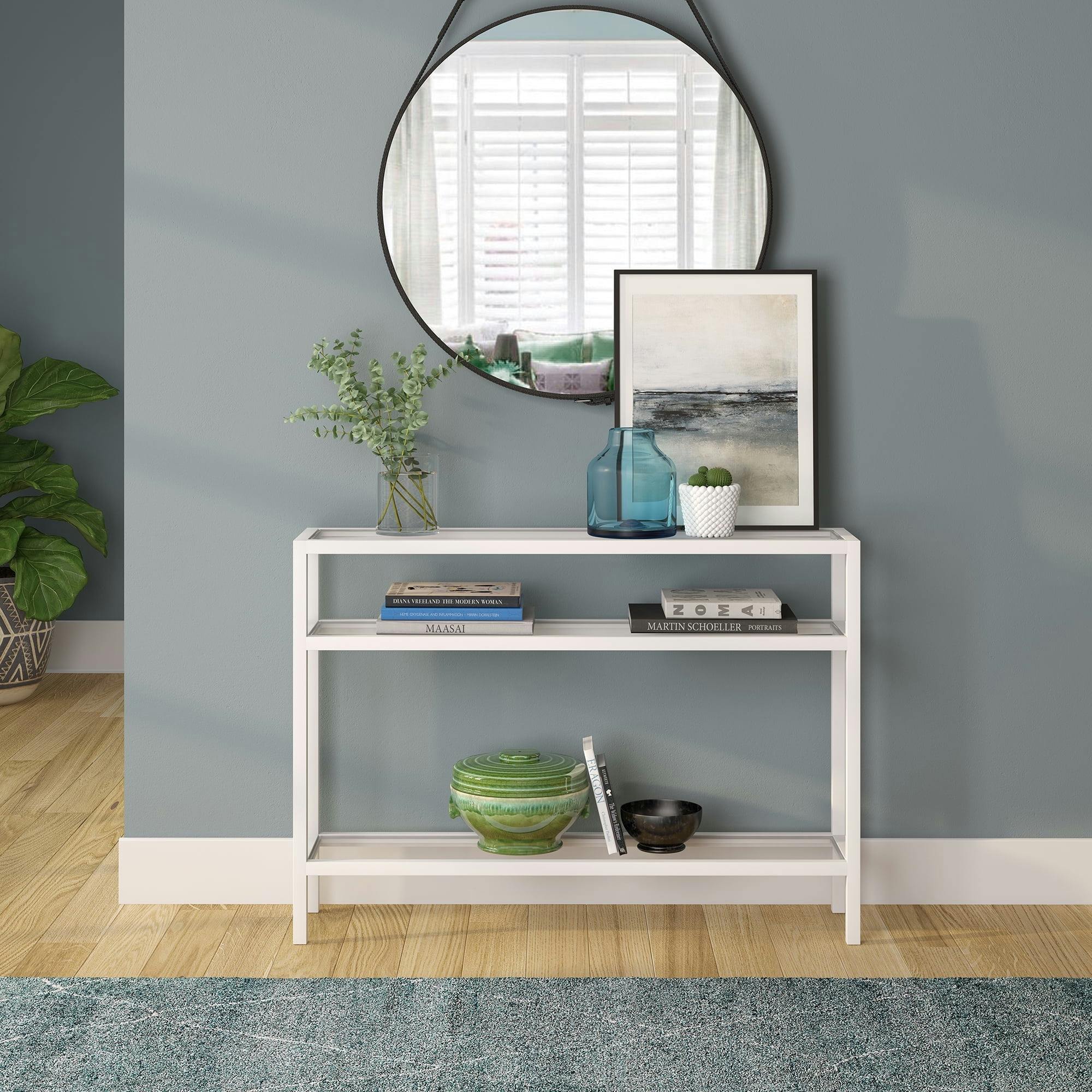 Evelyn&Zoe Industrial Chic White Metal & Glass Console Table with Shelves
