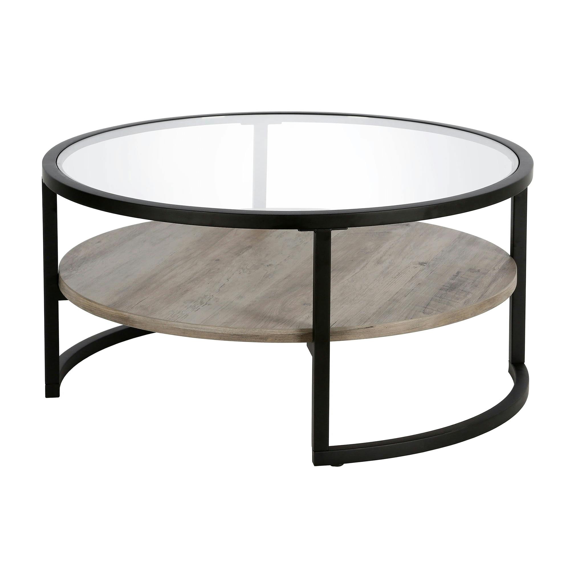 Modern Industrial Blackened Bronze Round Coffee Table with Gray Oak Shelf