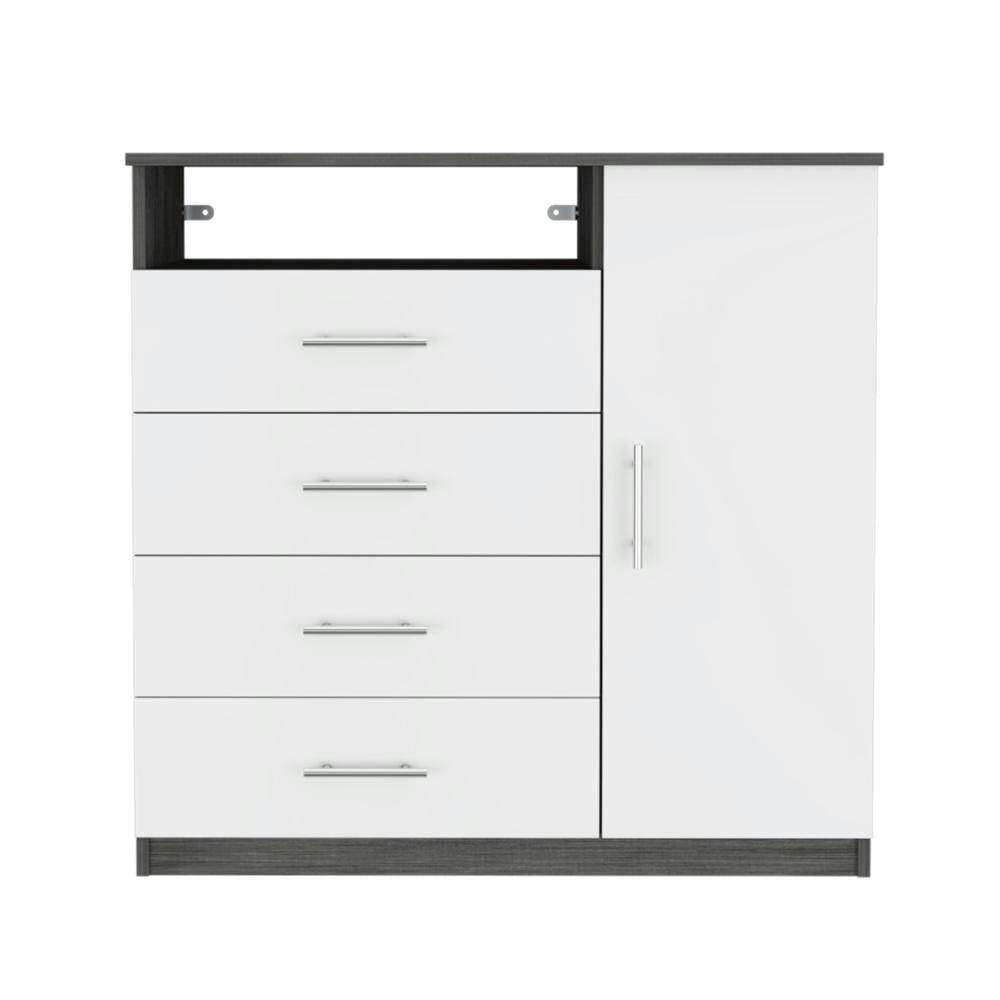 Carolina Tall 4-Drawer Dresser with Open Shelf in Smokey Oak & White