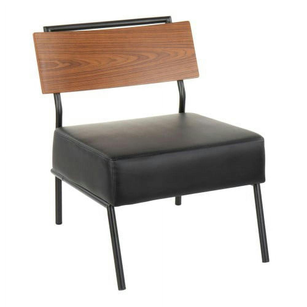 Sleek Industrial Slipper Chair in Black Faux Leather with Walnut Accents