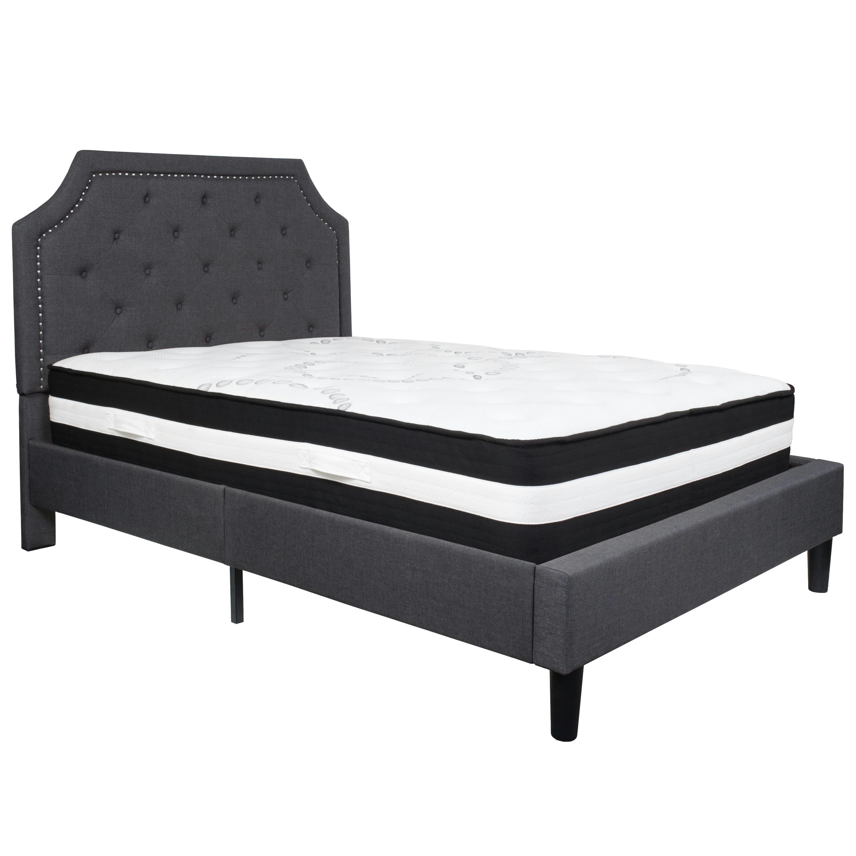 Transitional Full-Size Upholstered Metal Platform Bed with Nailhead Trim in Dark Gray