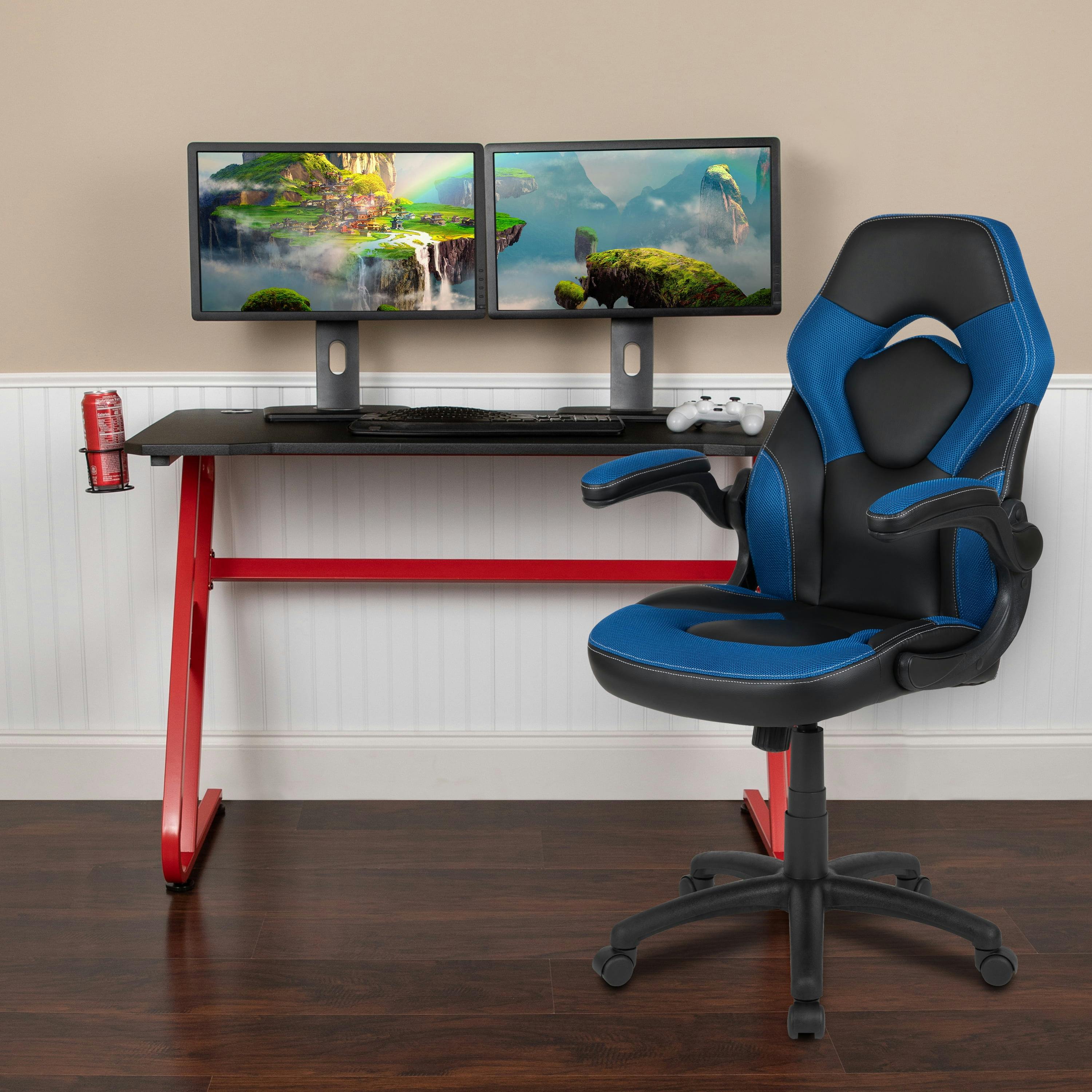 Sleek 50" Blue and Black Gaming Desk & Chair Set with Cup Holder