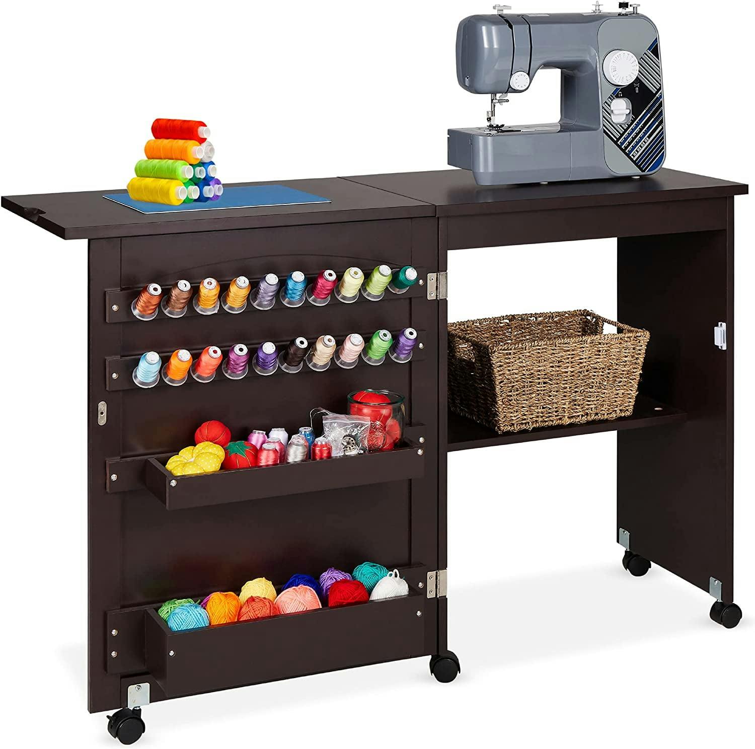 Espresso Compact Folding Sewing Table with Storage and Wheels