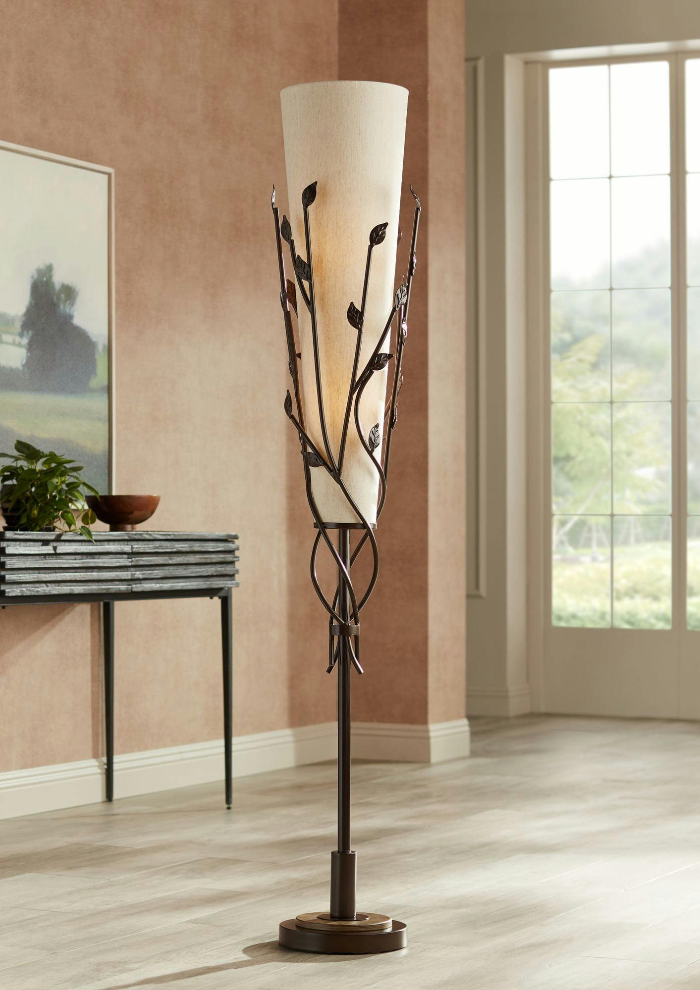 Bronze Torchiere Floor Lamp with Linen Shade and Vine Detail