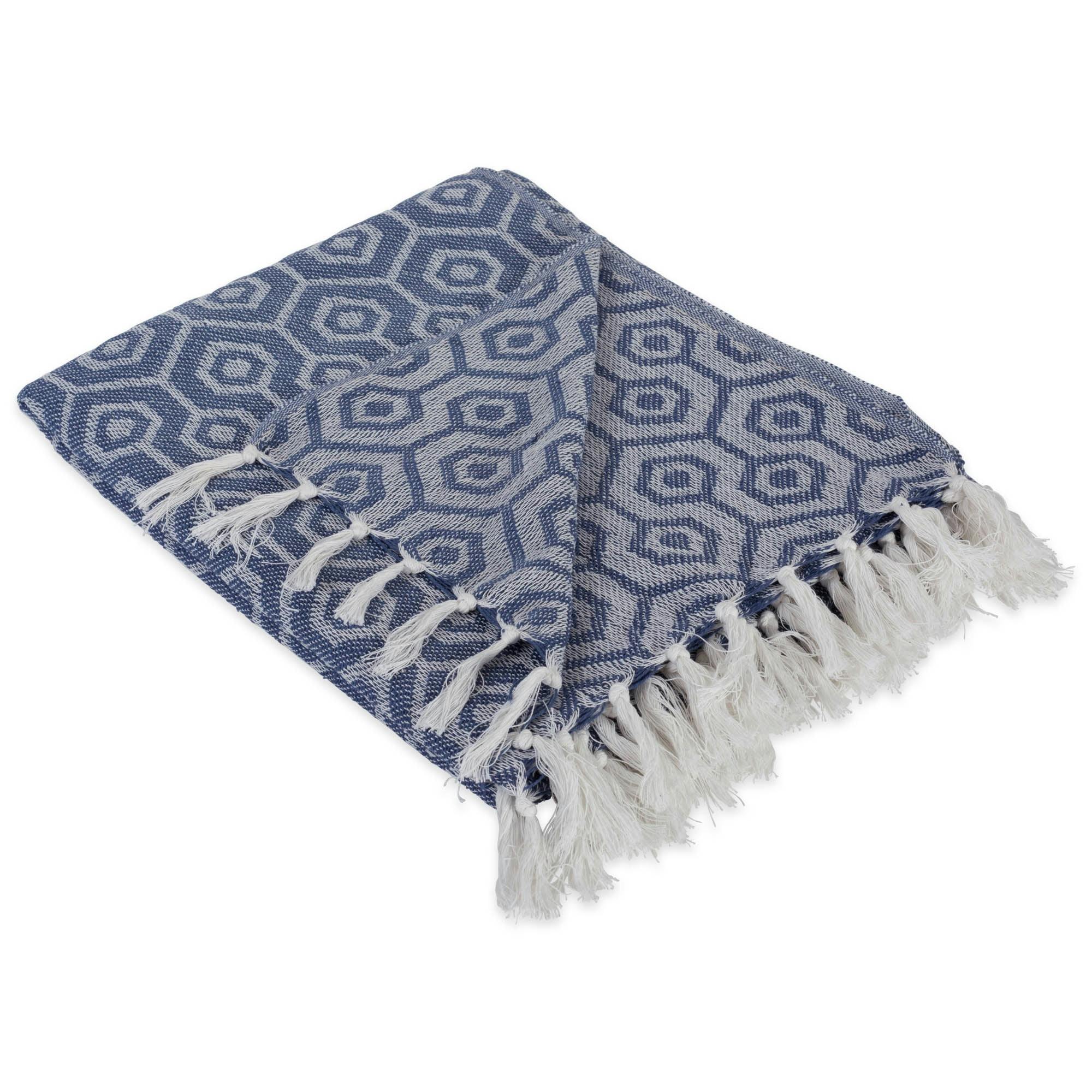 French Blue Geometric Cotton Sherpa Reversible Throw Blanket