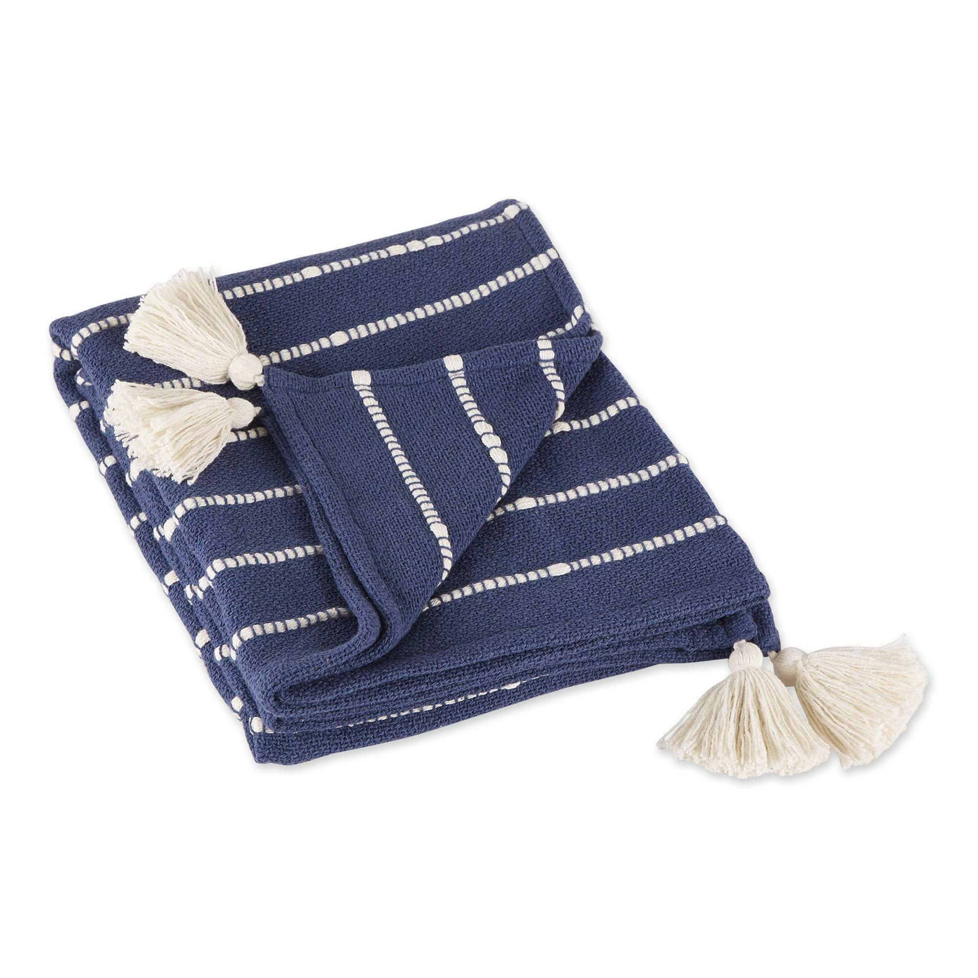 French Blue and Off-White Striped Cotton Throw with Tassels