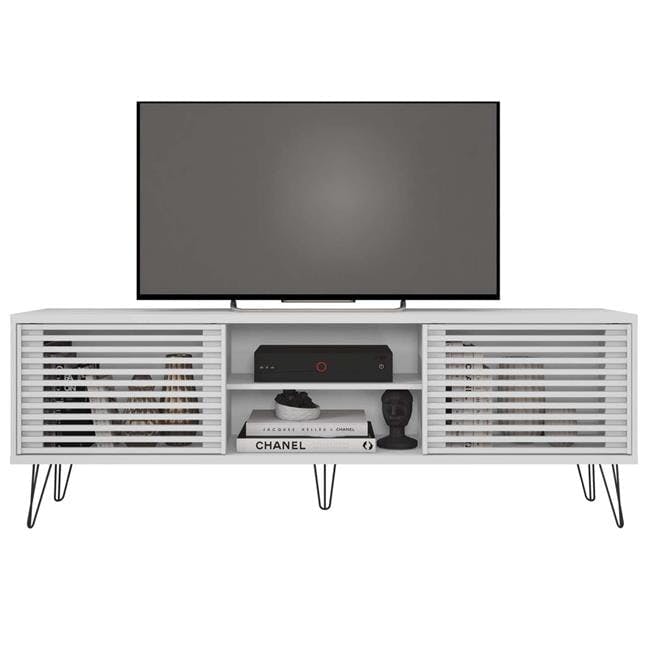 Sleek White Laminated MDF Mid-Century TV Stand with Hairpin Legs
