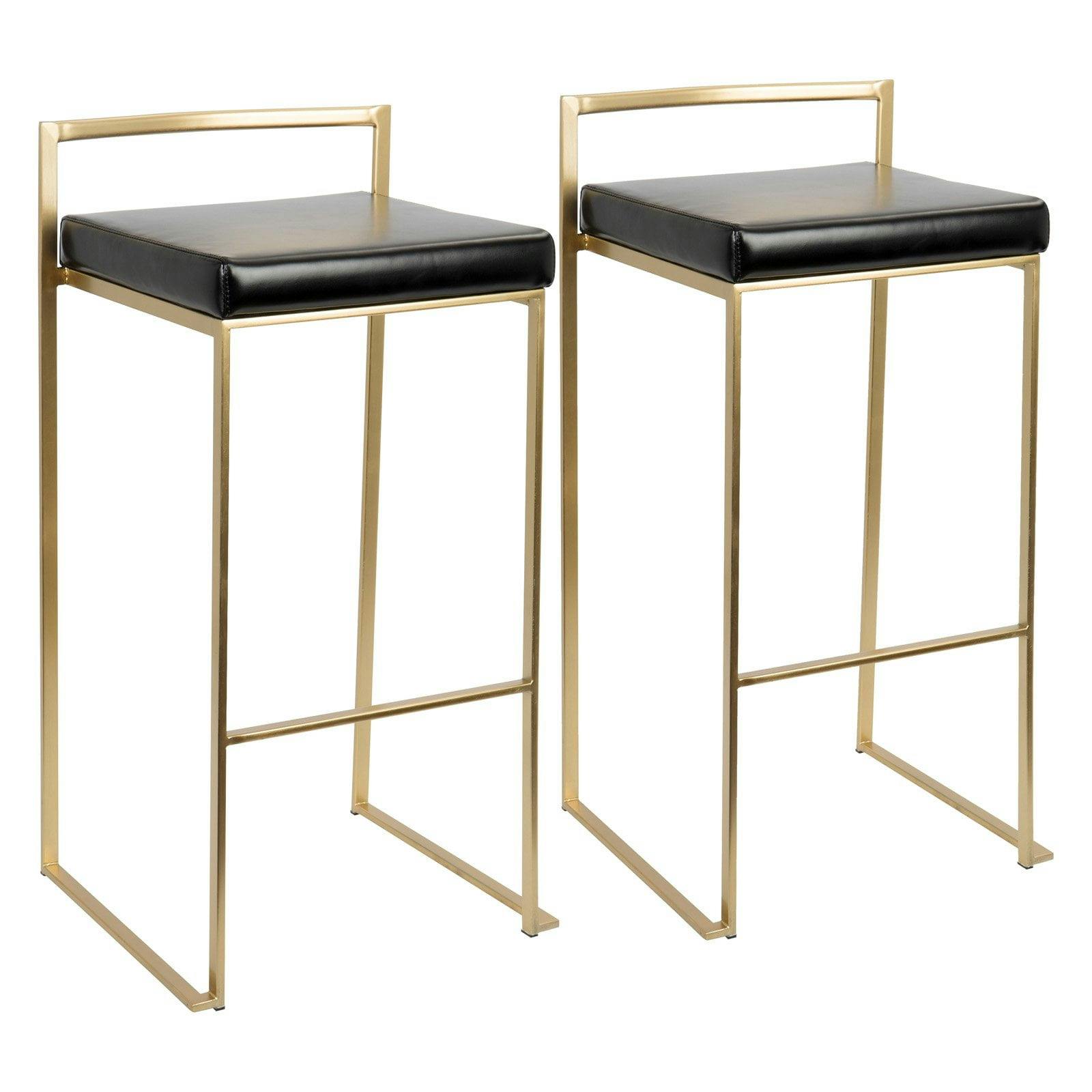 Fuji 34'' Gold Frame with Black Leather Seat Contemporary Bar Stool - Set of 2