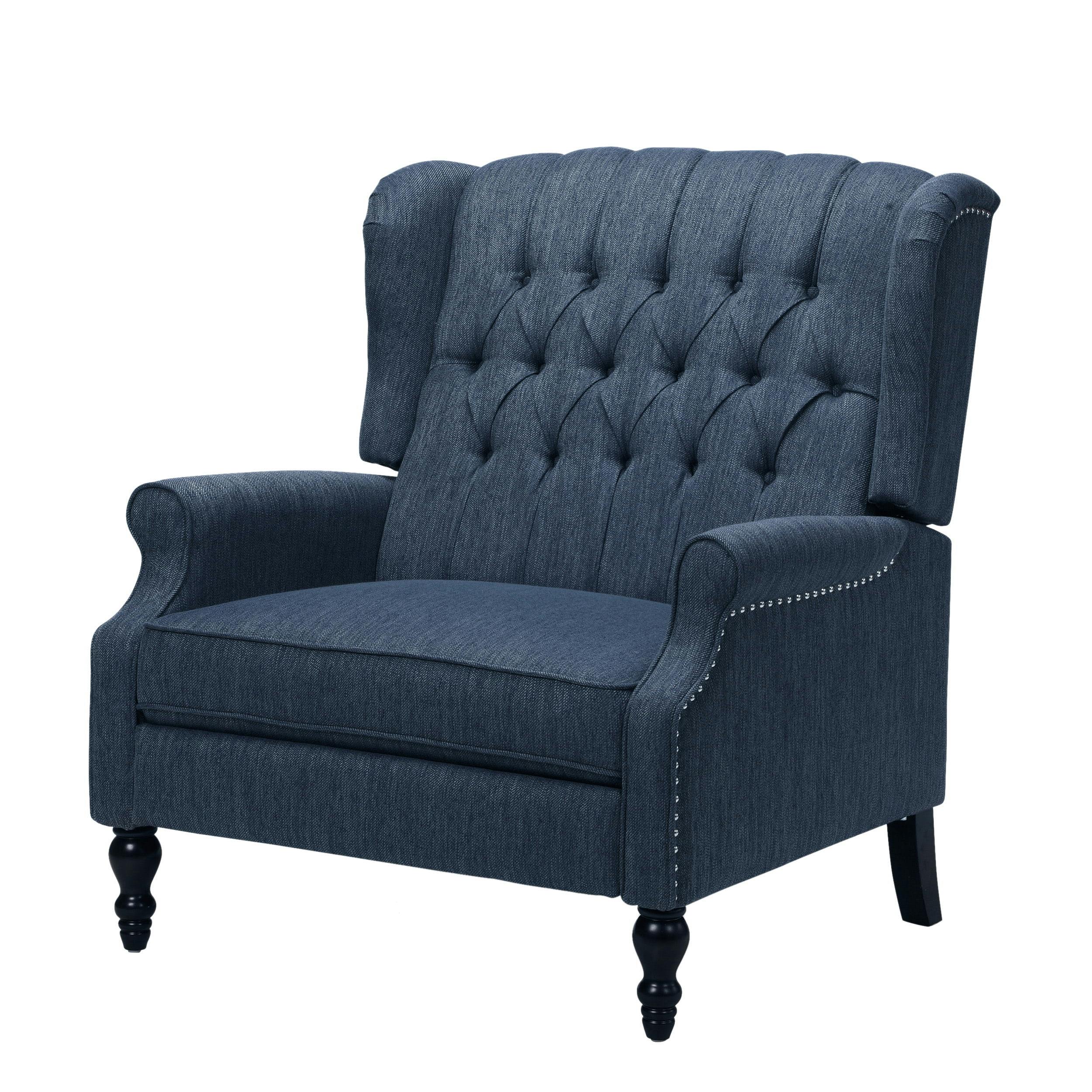 Handcrafted Navy Blue Oversized Wingback Recliner with Wood Accents