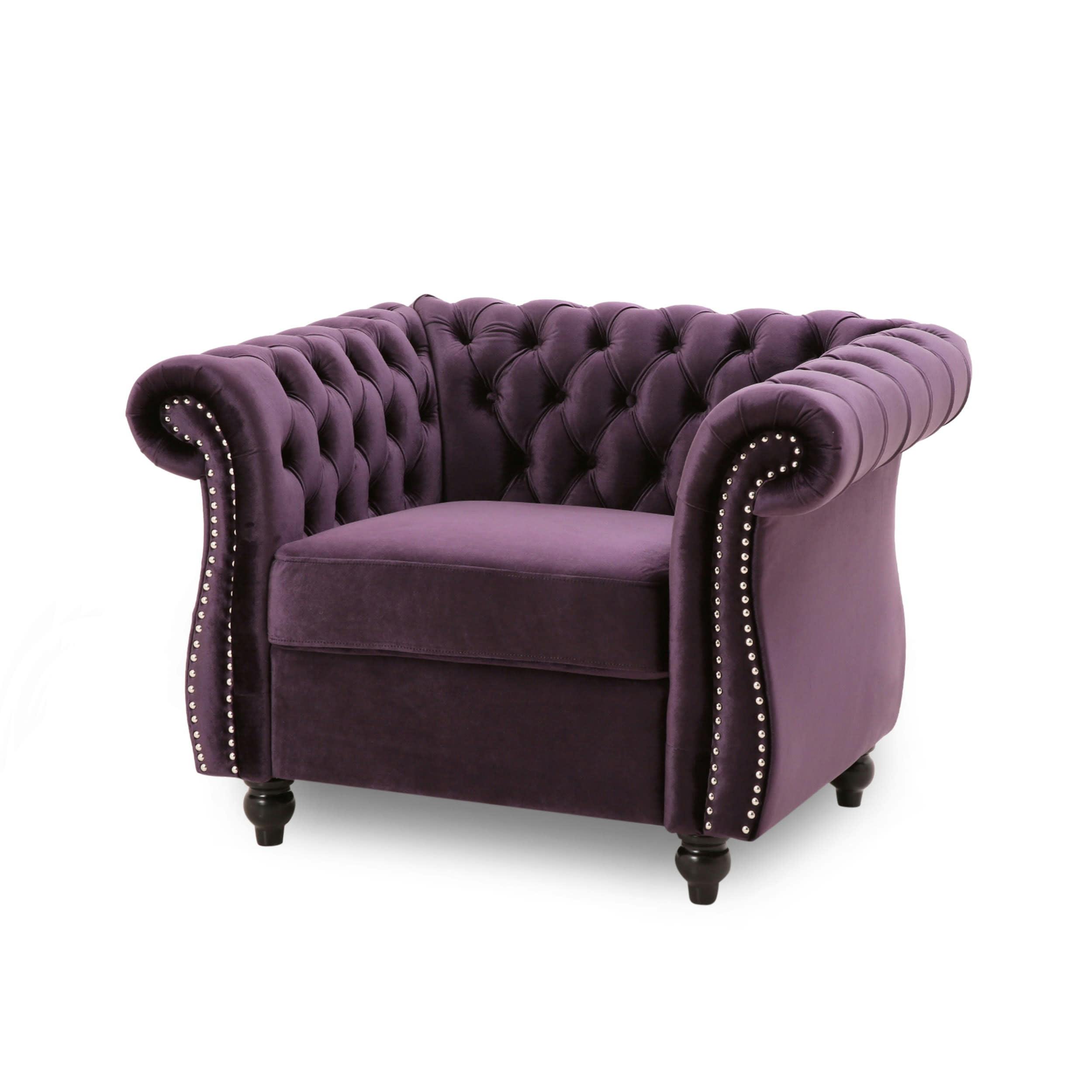 Blackberry Velvet Chesterfield Club Chair with Nailhead Accents