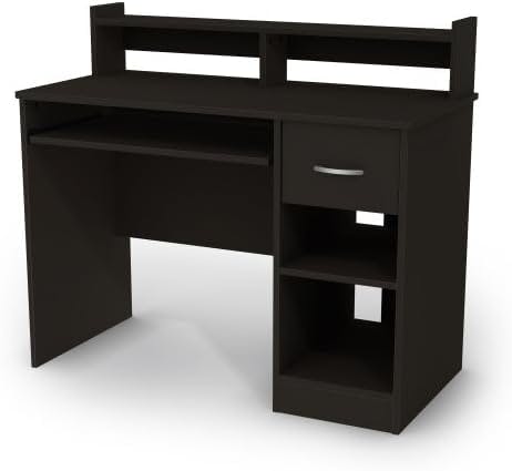 Pure Black Compact Computer Desk with Hutch and Keyboard Tray