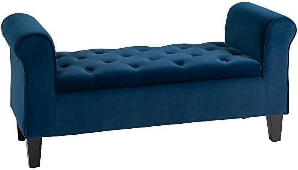 Elegant Blue Velvet Button-Tufted Ottoman Bench with Storage and Rolled Armrests