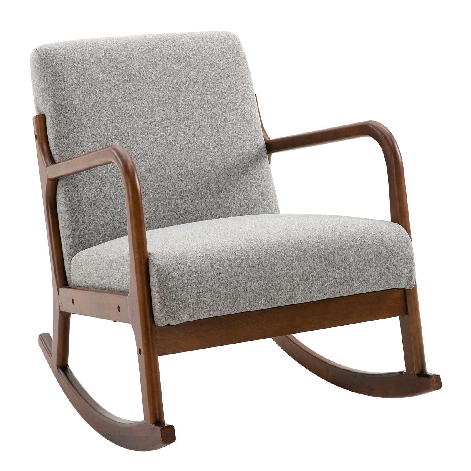 Modern Grey Linen Fabric Upholstered Rocking Armchair with Wooden Base