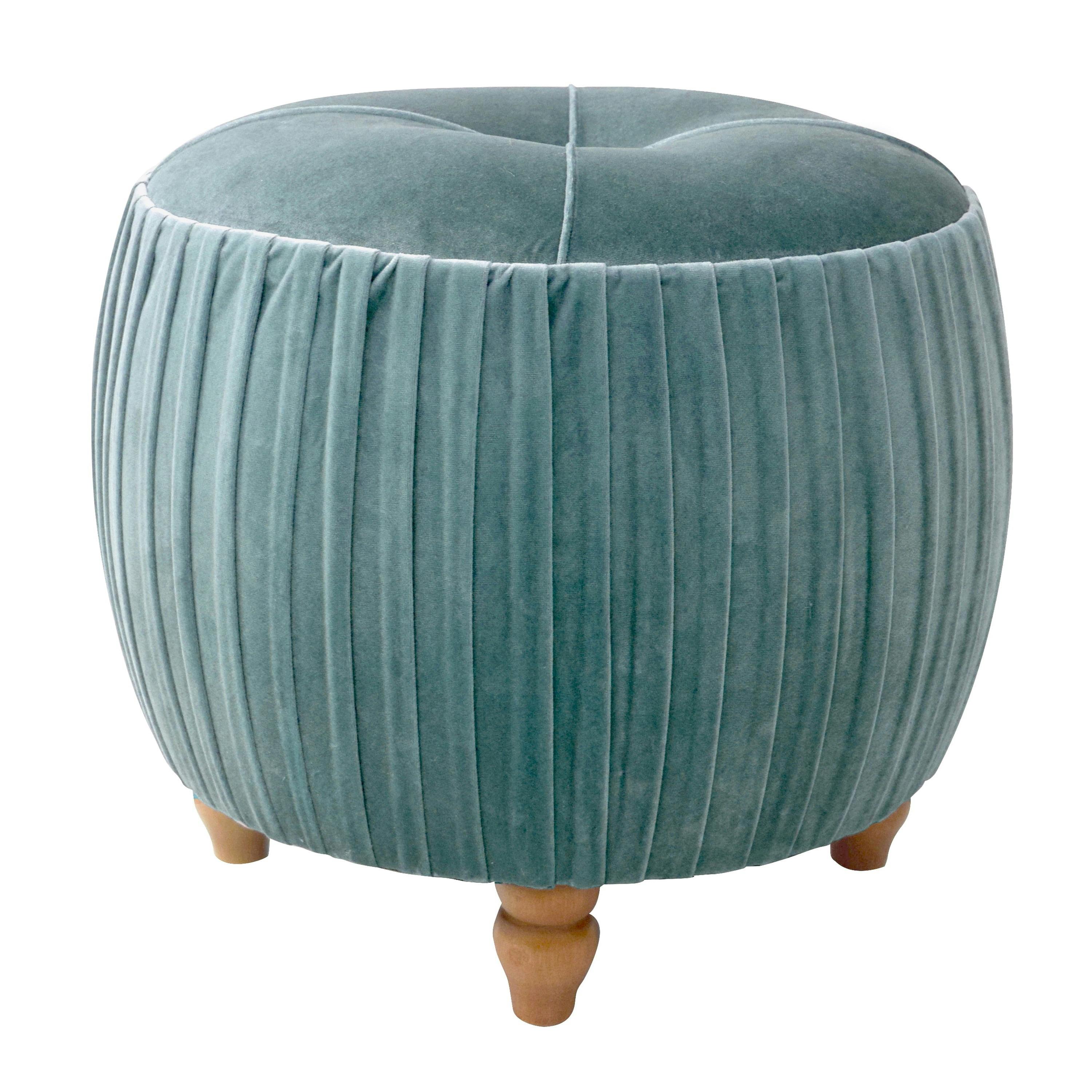Helena Emerald Green Velvet Tufted Round Ottoman with Natural Wood Legs