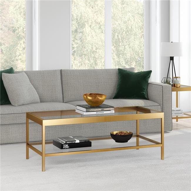 Elegant 45" Gold Metal and Glass Coffee Table with Storage