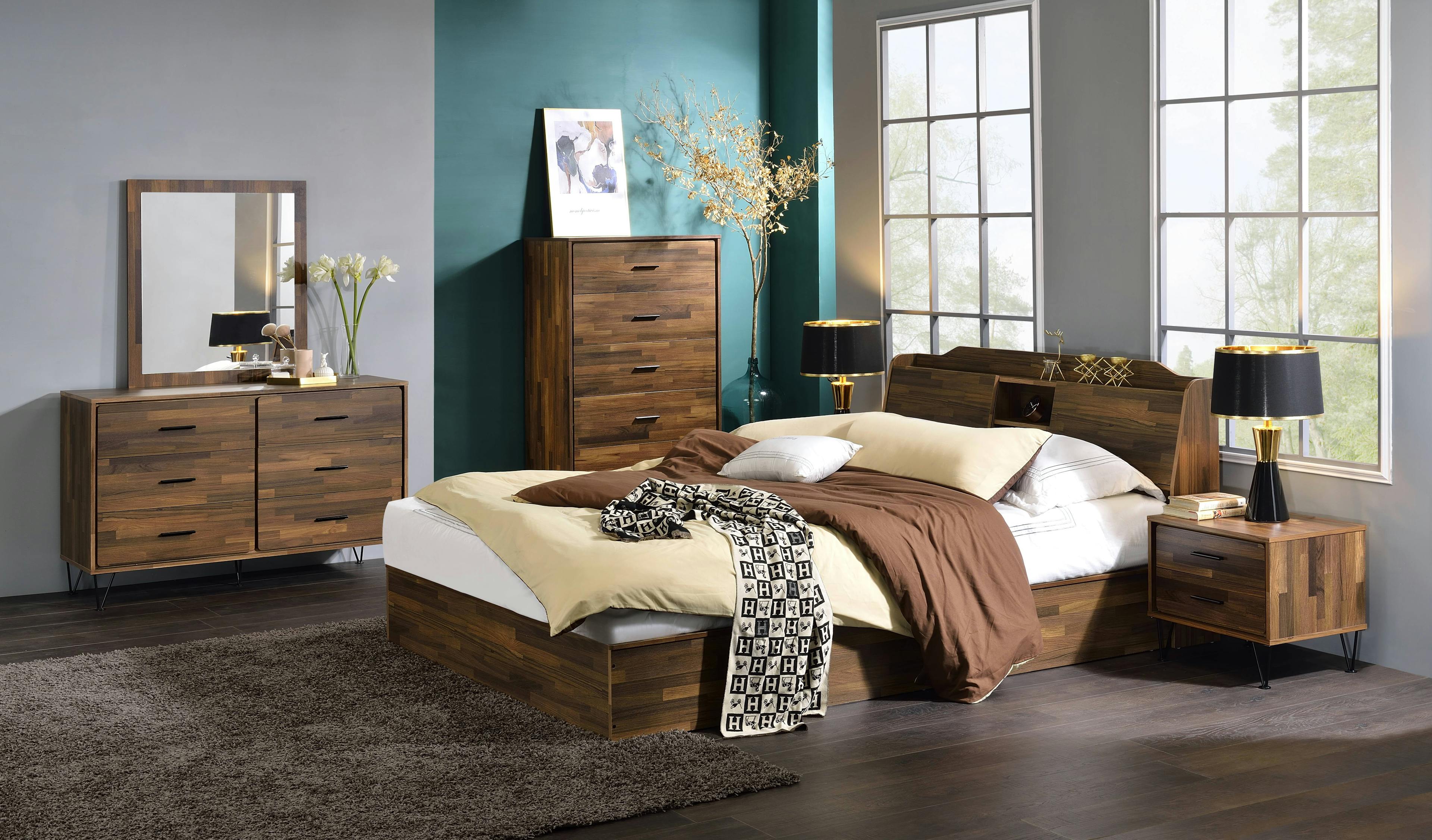 Hestia Midcentury Queen Bed with Upholstered Leather Headboard and Storage