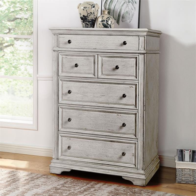 Transitional Rustic Ivory 5-Drawer Vertical Chest with Pewter Knobs