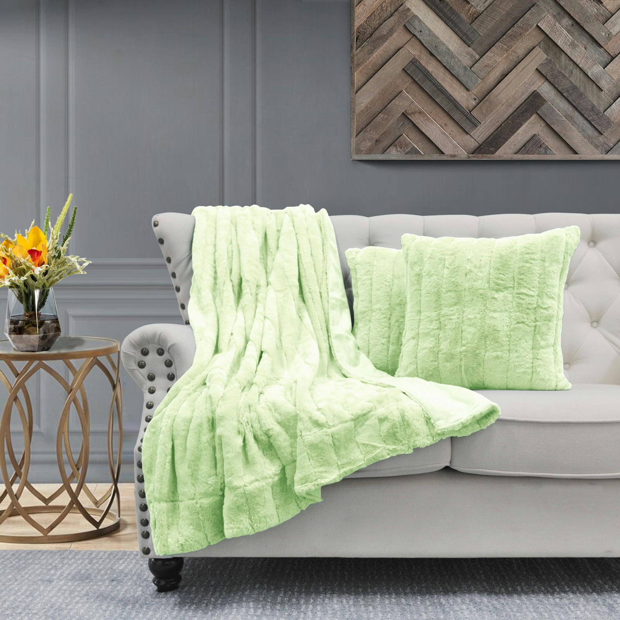 Nile Green Luxurious Faux Fur Throw 50" x 60" with Matching Pillow Covers