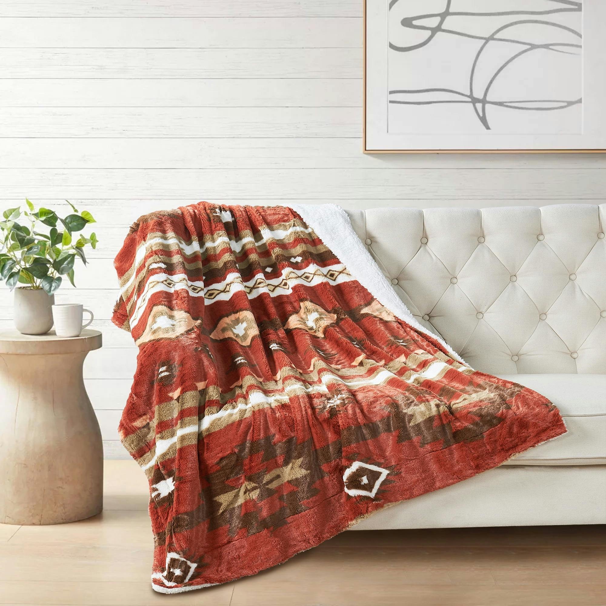Cozy Southwest Sherpa & Faux Fur Throw Blanket, Brick Red, 50'' x 60''