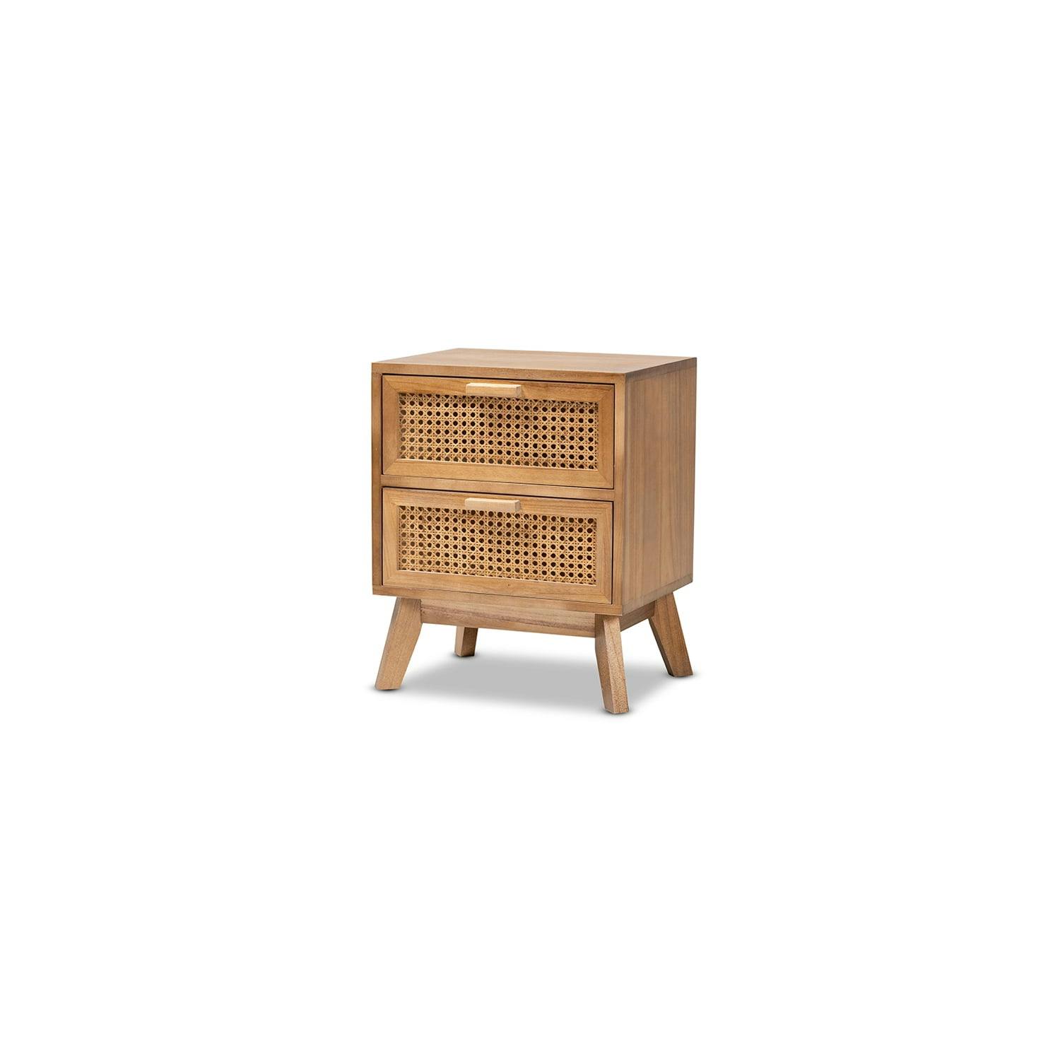 Walnut Brown Retro-Inspired 2-Drawer Rattan End Table