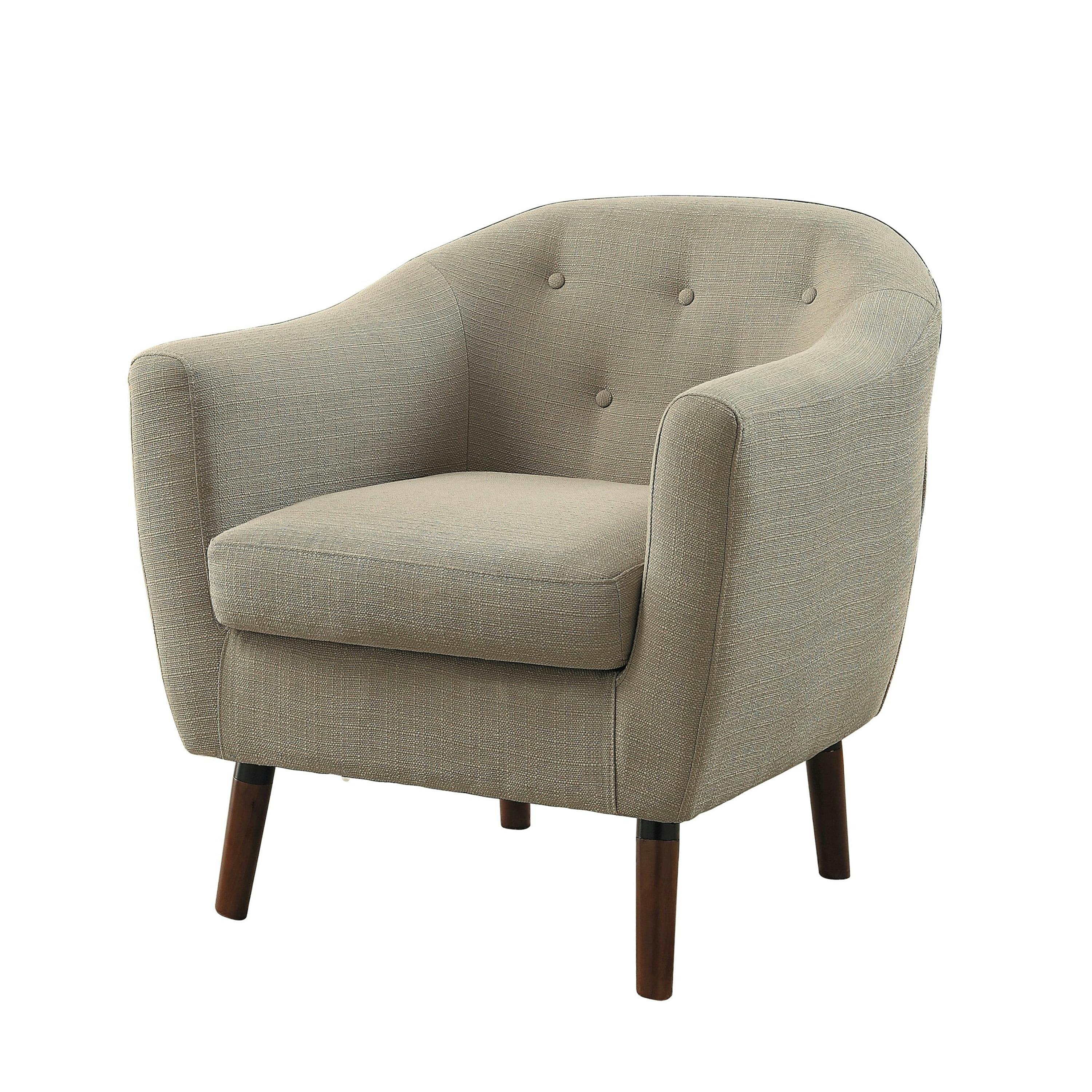 Scandinavian Barrel Beige Wood Accent Chair with Button-Tufted Back